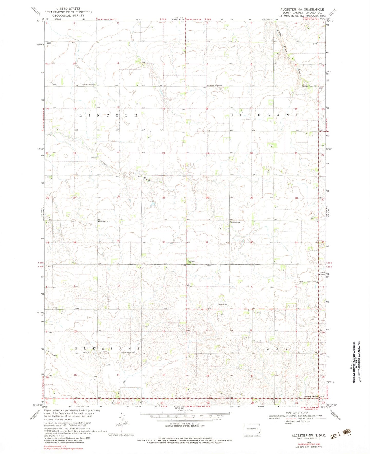 Classic USGS Alcester NW South Dakota 7.5'x7.5' Topo Map Image