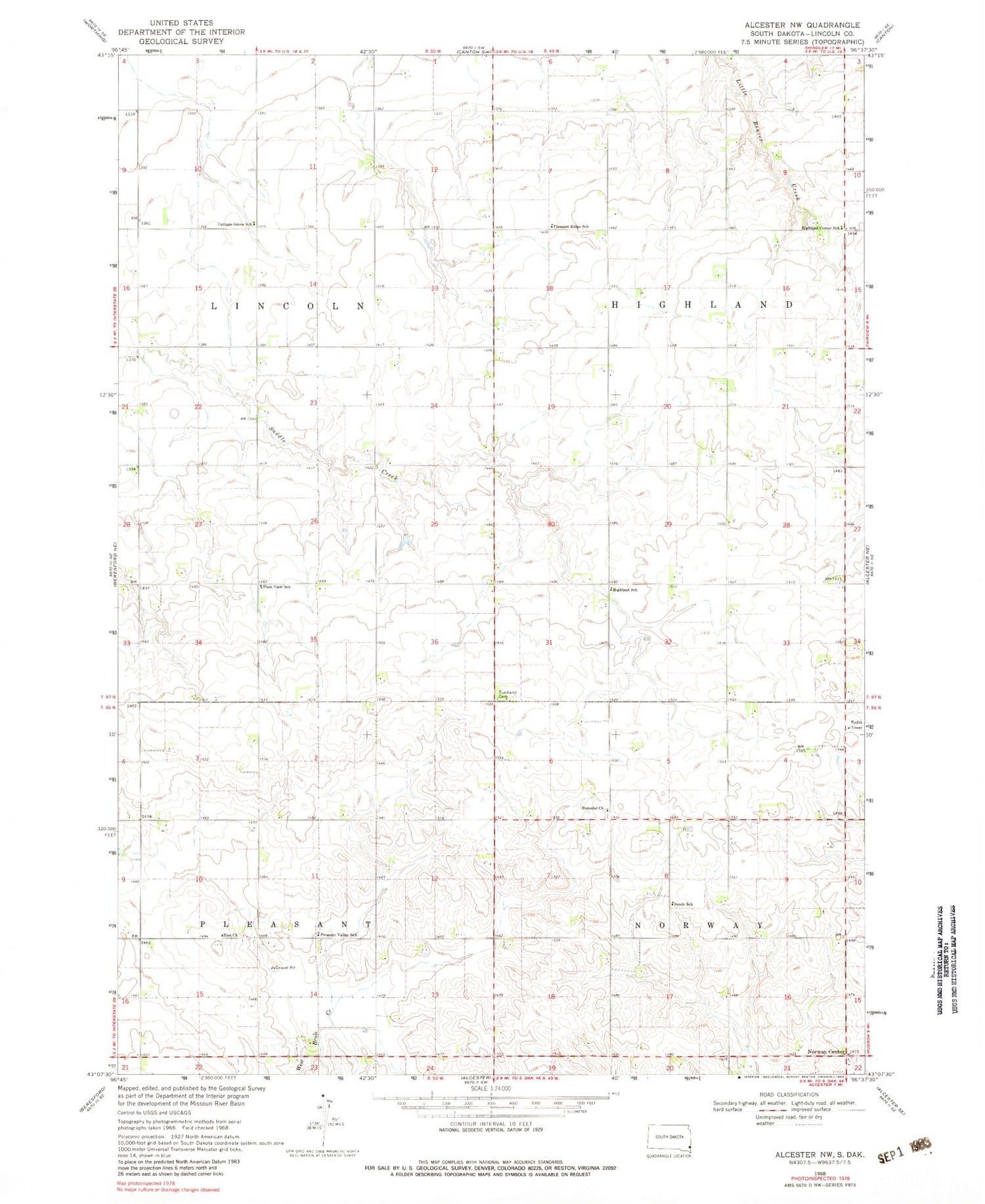 Classic USGS Alcester NW South Dakota 7.5'x7.5' Topo Map Image