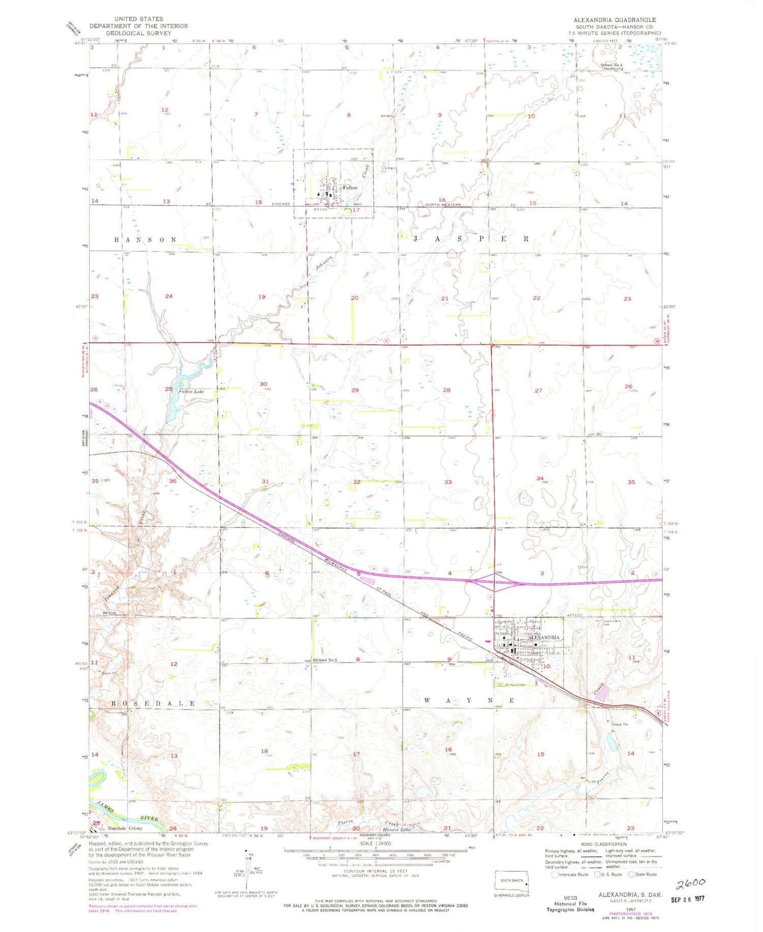Classic USGS Alexandria South Dakota 7.5'x7.5' Topo Map Image