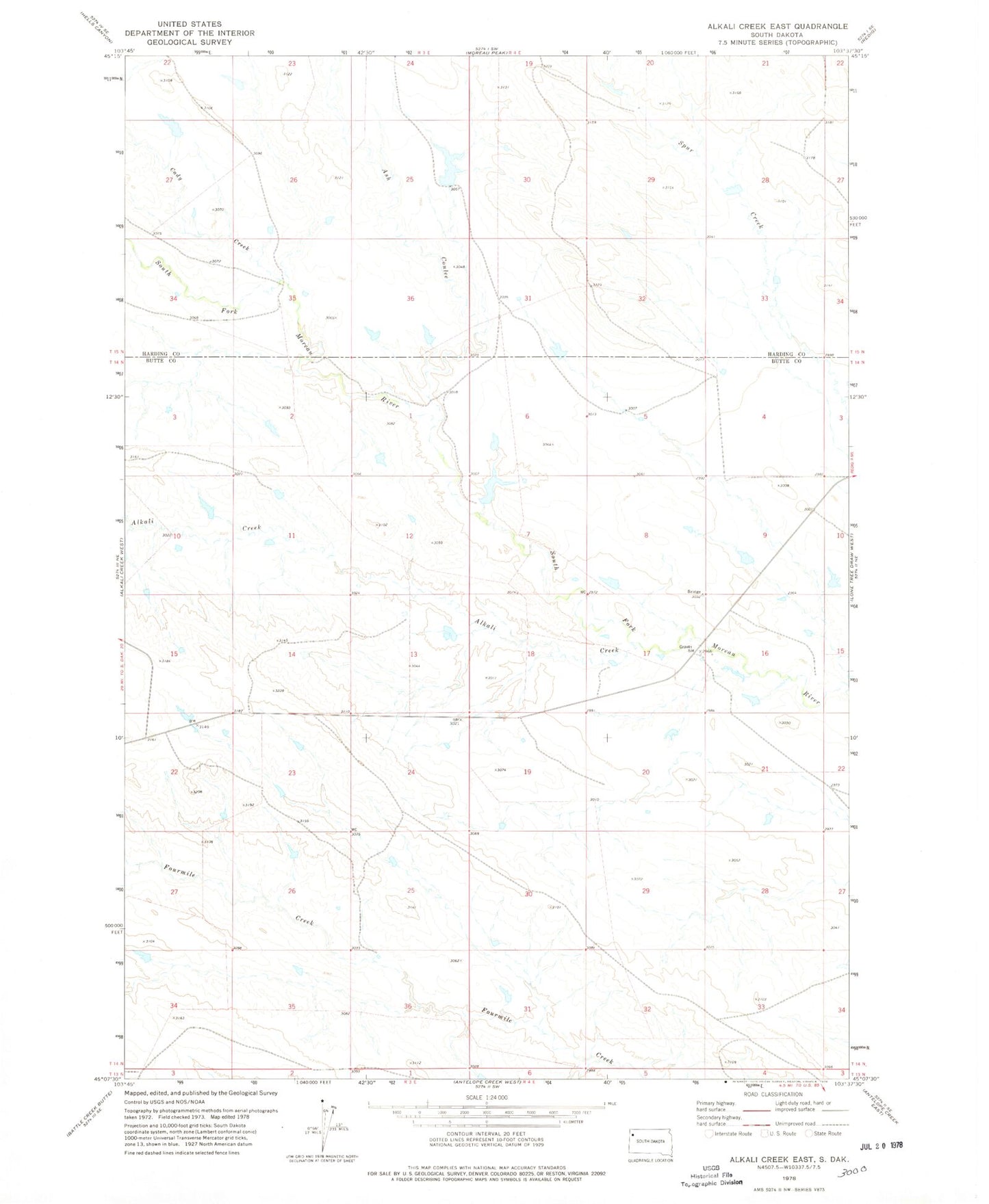 Classic USGS Alkali Creek East South Dakota 7.5'x7.5' Topo Map Image
