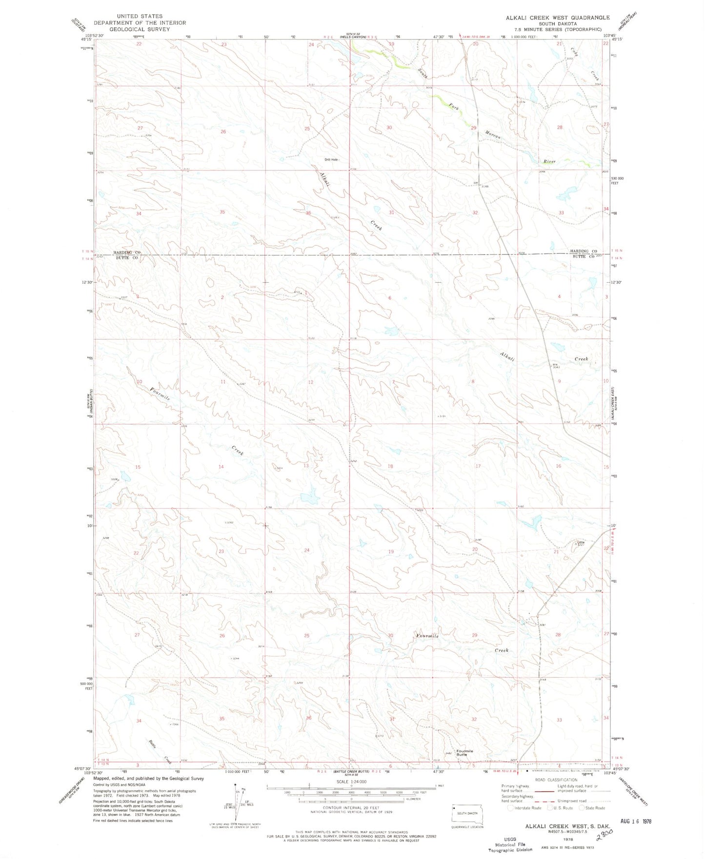 Classic USGS Alkali Creek West South Dakota 7.5'x7.5' Topo Map Image