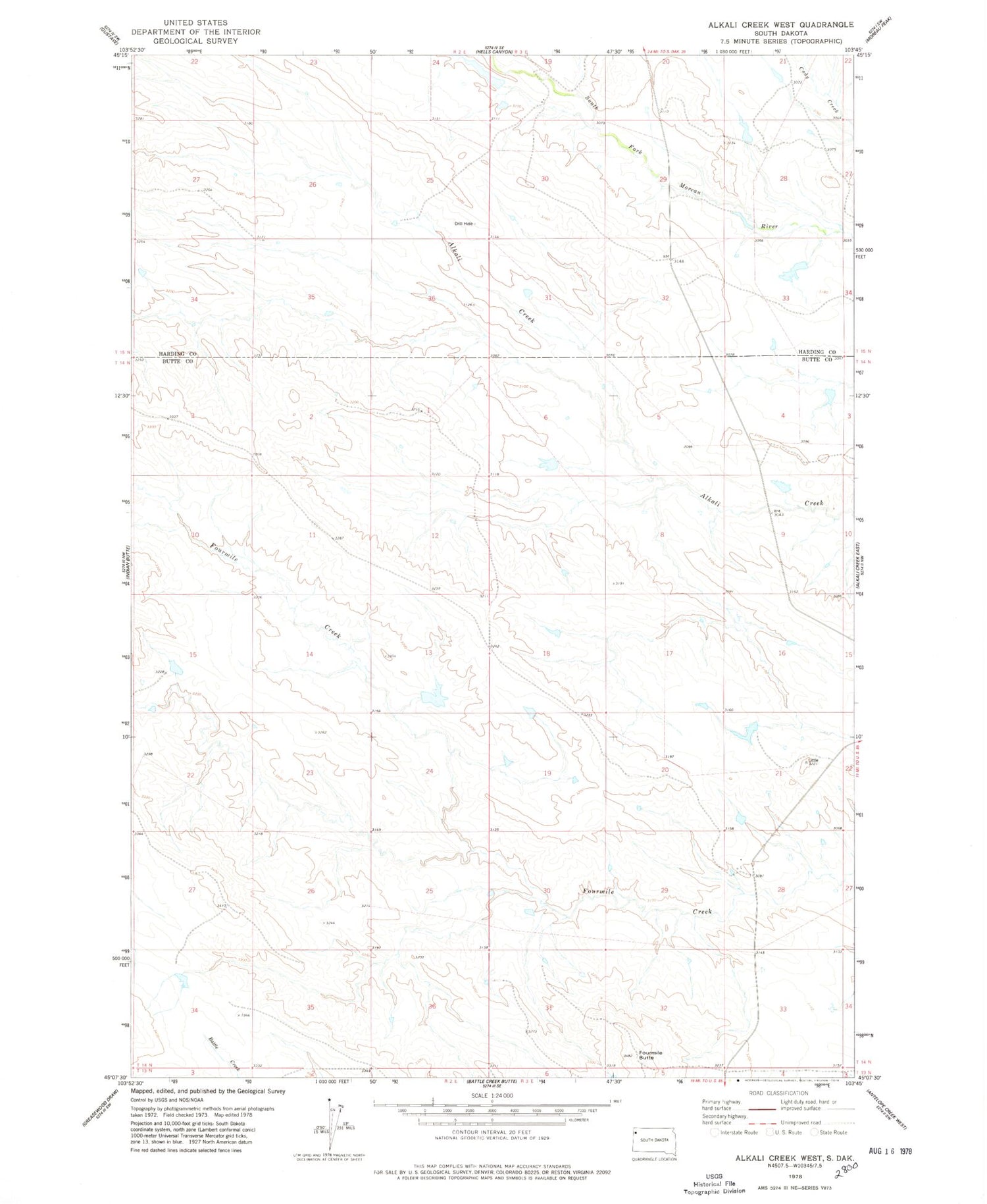 Classic USGS Alkali Creek West South Dakota 7.5'x7.5' Topo Map Image