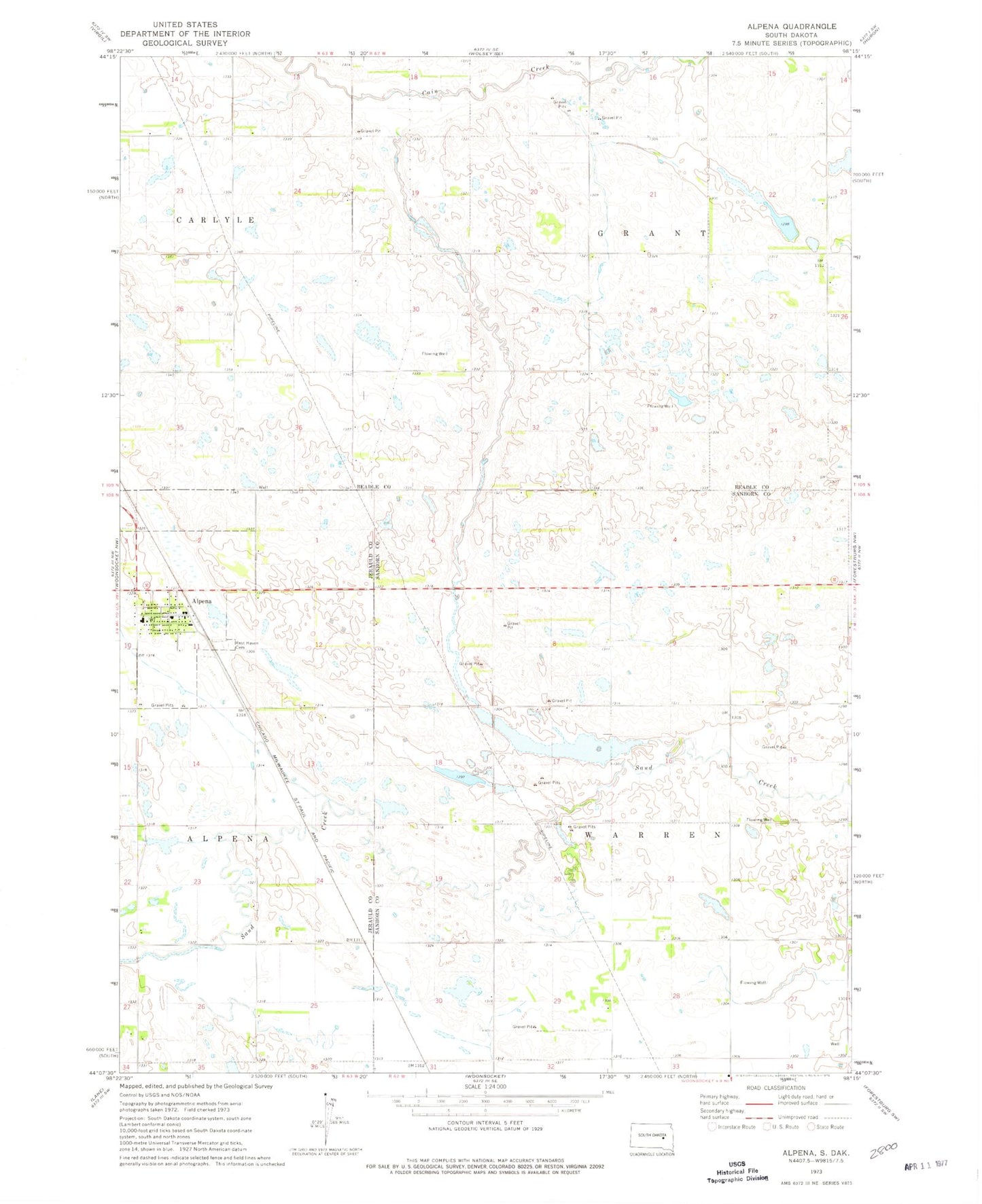 Classic USGS Alpena South Dakota 7.5'x7.5' Topo Map Image