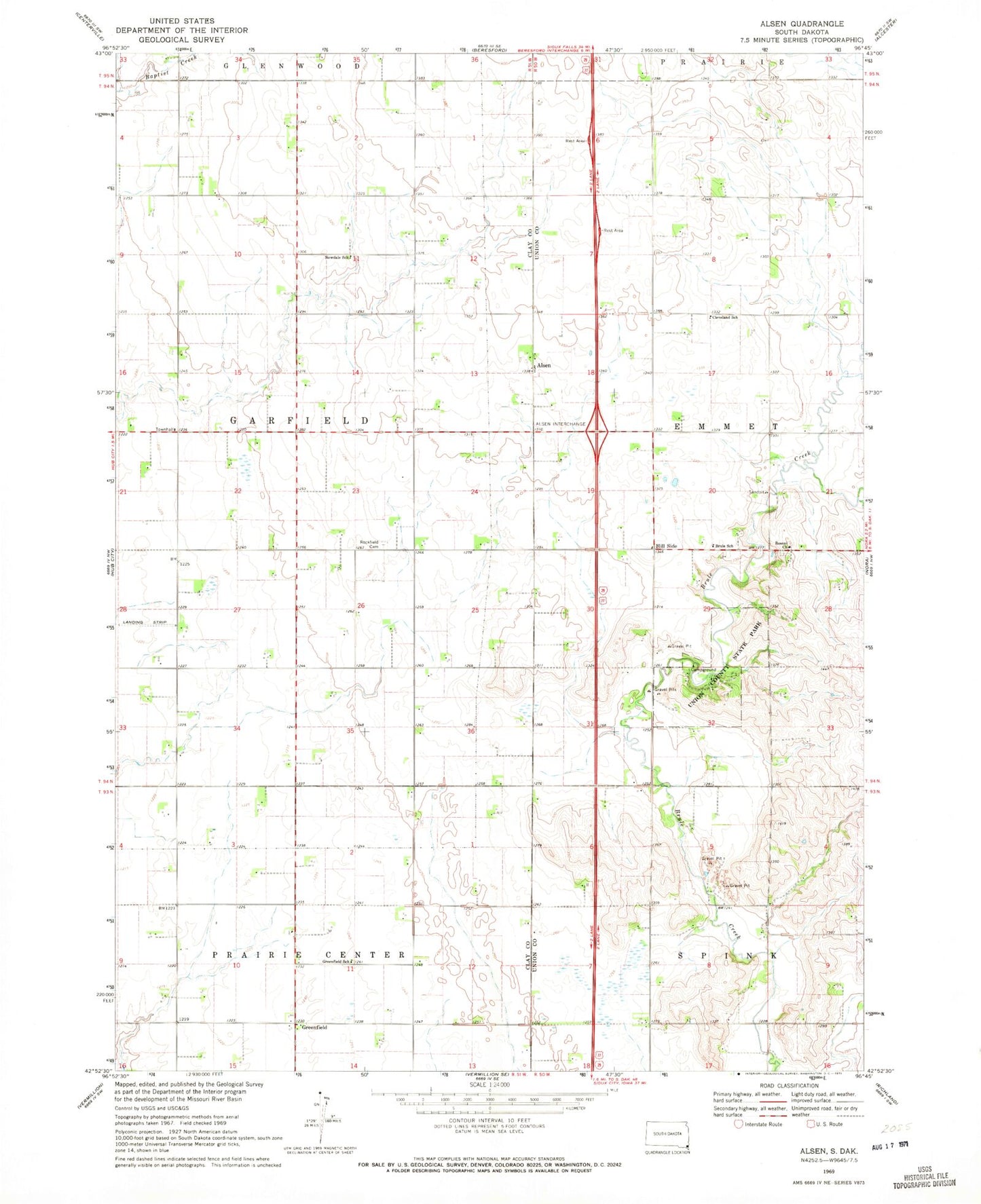 Classic USGS Alsen South Dakota 7.5'x7.5' Topo Map Image