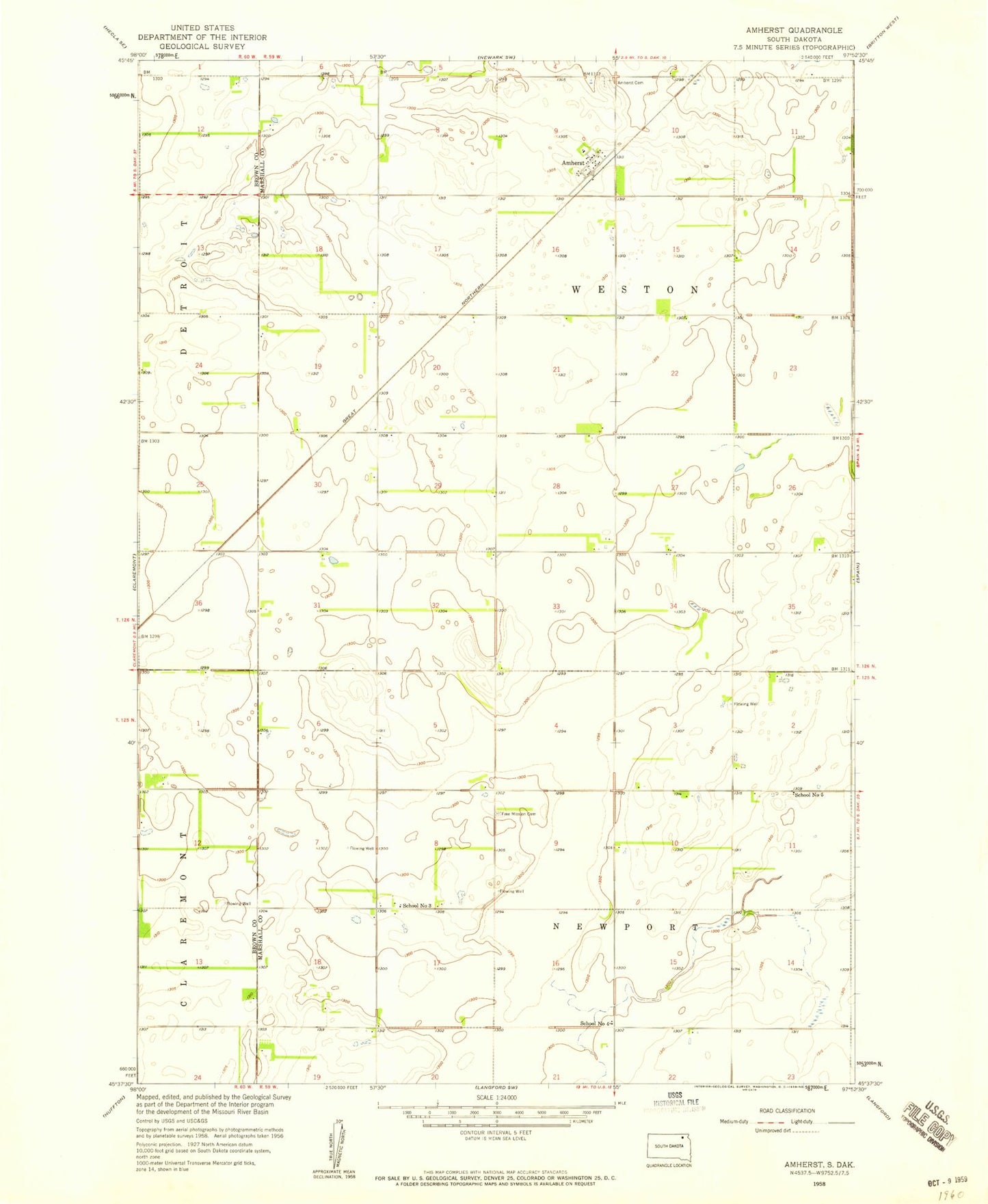 Classic USGS Amherst South Dakota 7.5'x7.5' Topo Map Image