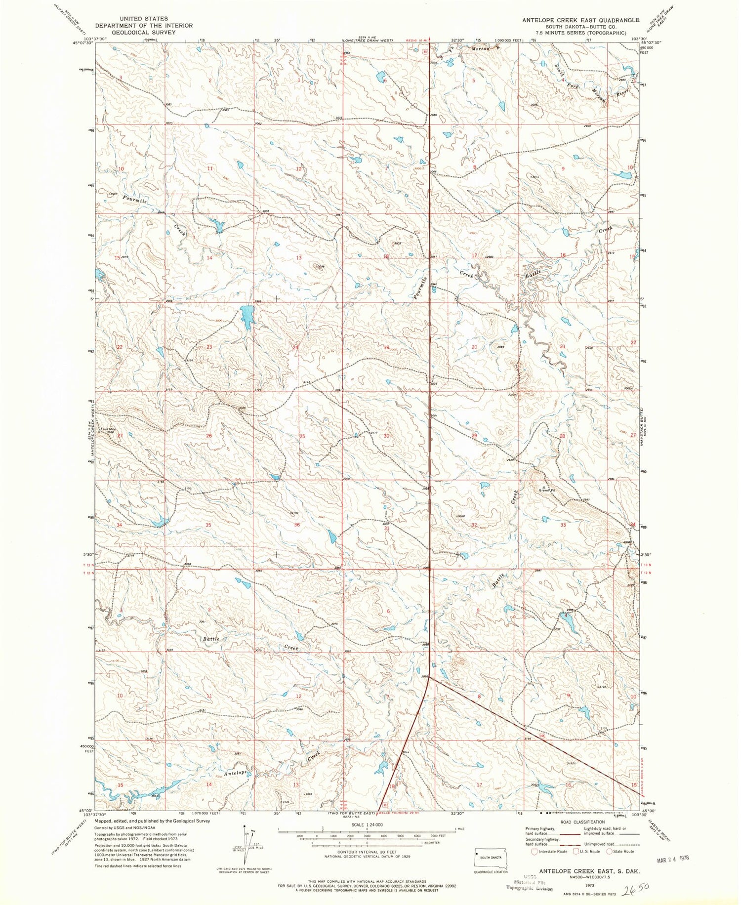 Classic USGS Antelope Creek East South Dakota 7.5'x7.5' Topo Map Image
