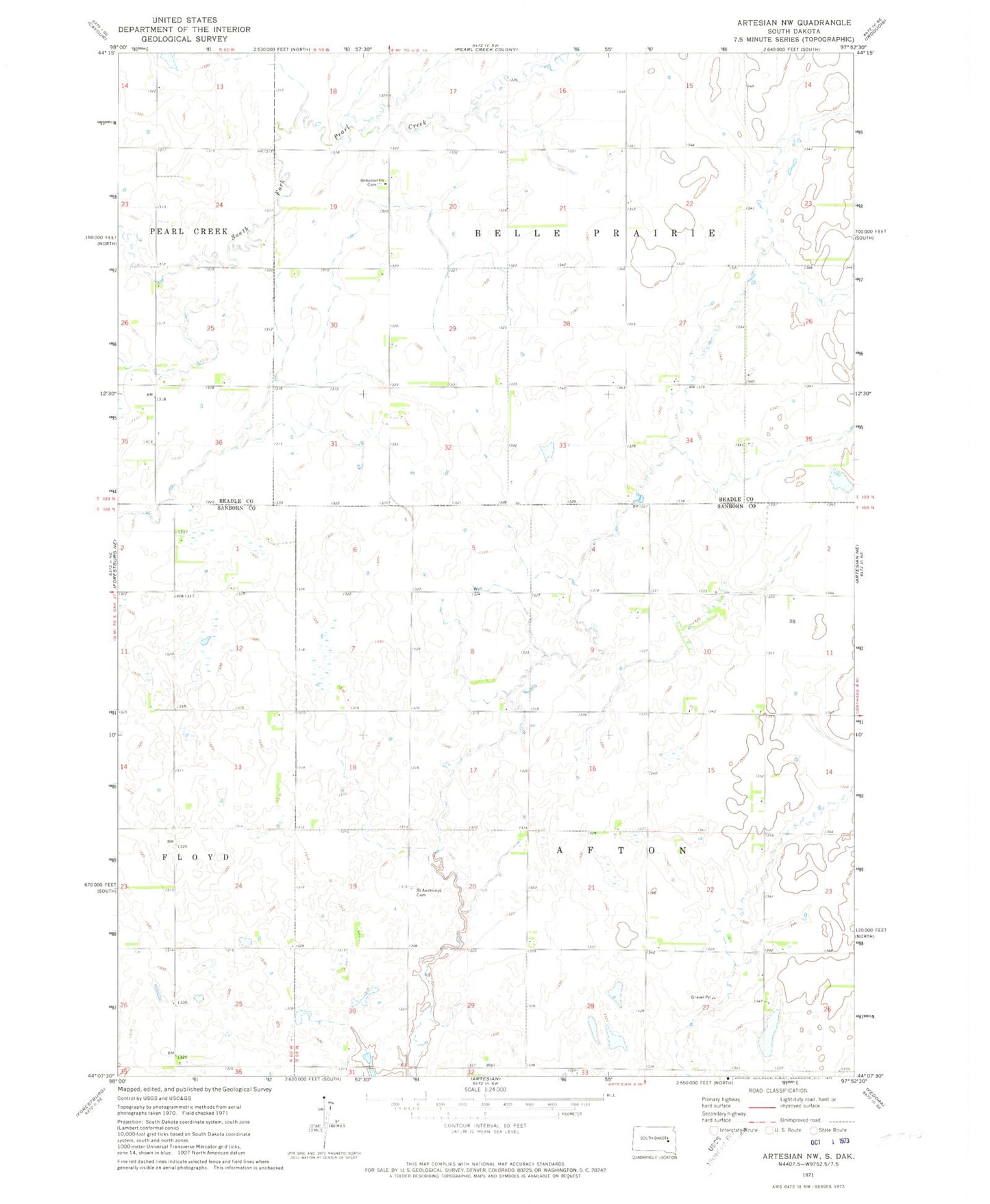 Classic USGS Artesian NW South Dakota 7.5'x7.5' Topo Map Image