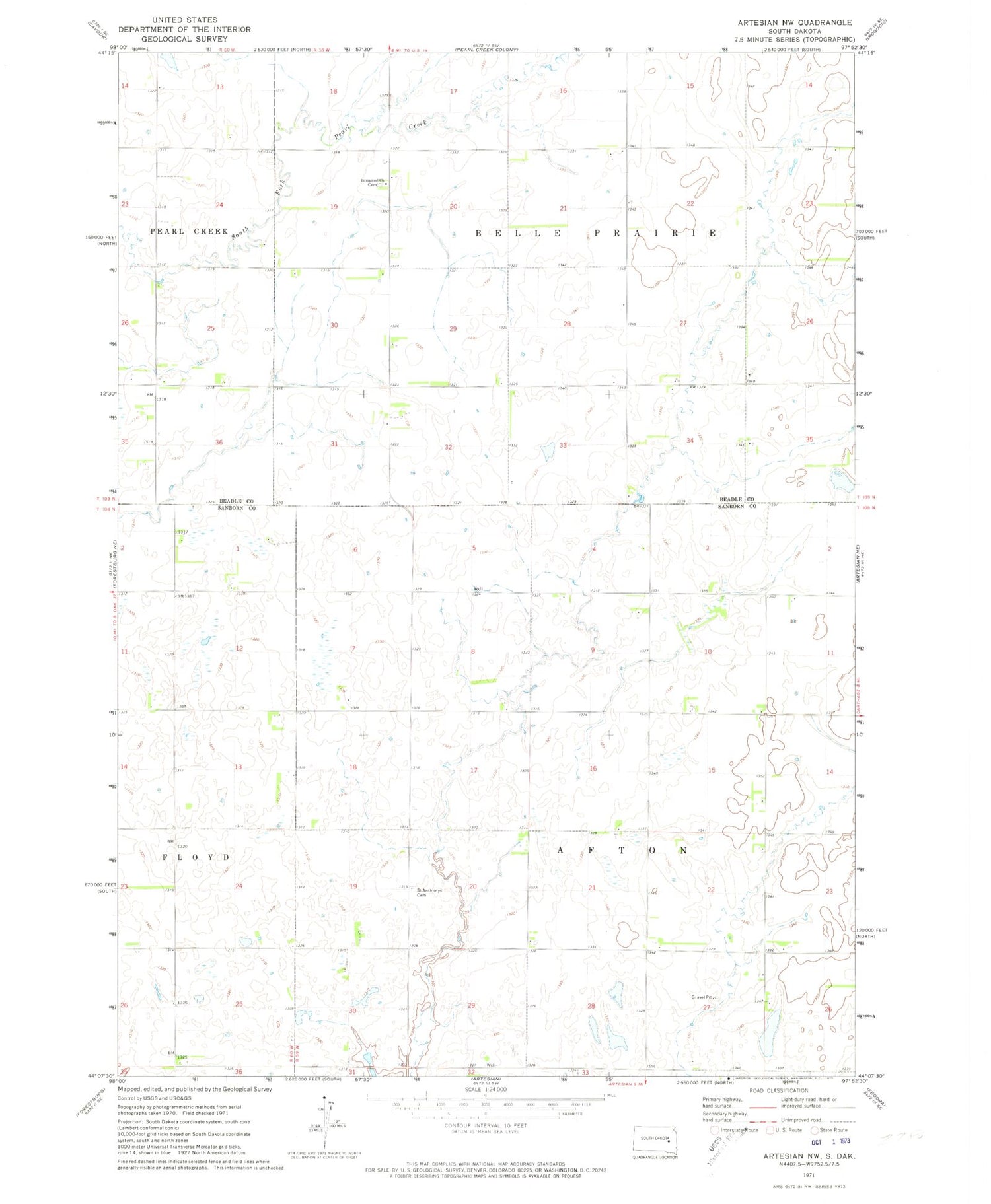 Classic USGS Artesian NW South Dakota 7.5'x7.5' Topo Map Image