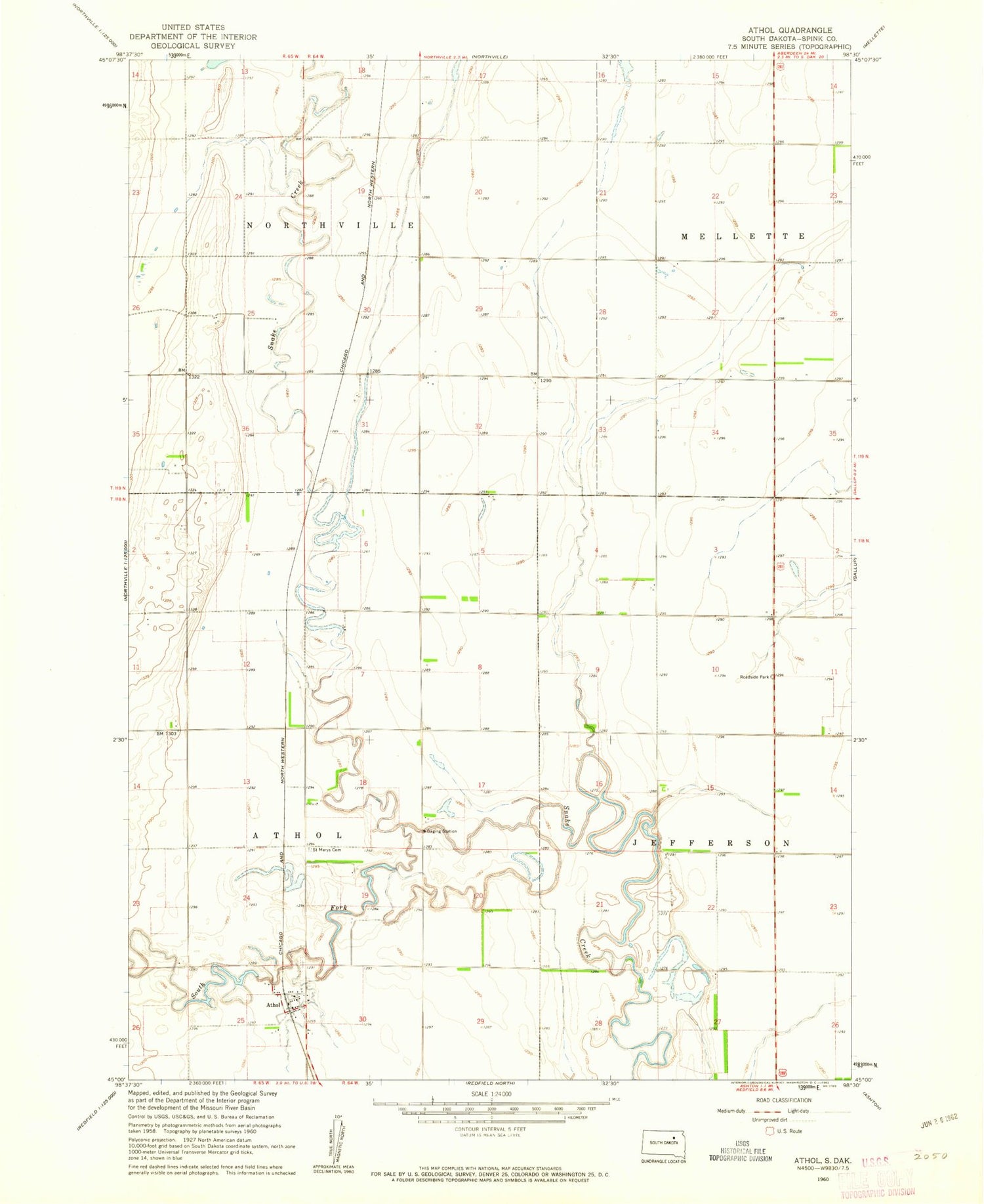 Classic USGS Athol South Dakota 7.5'x7.5' Topo Map Image