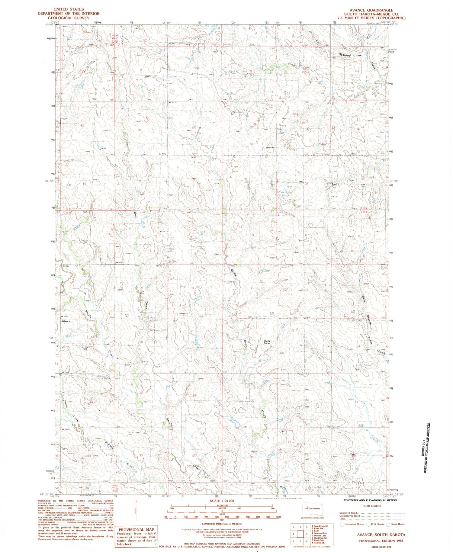 Classic USGS Avance South Dakota 7.5'x7.5' Topo Map Image