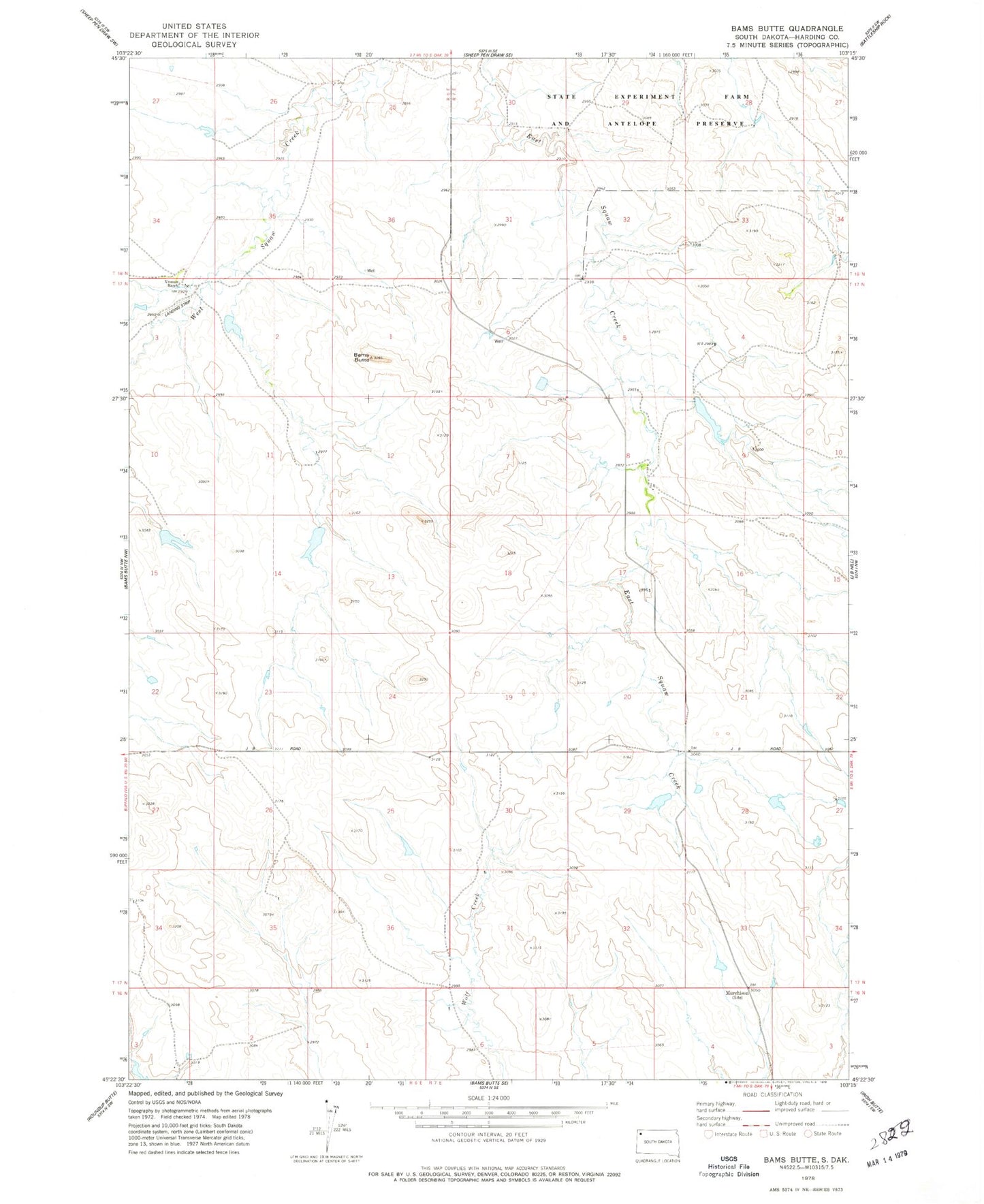 Classic USGS Bams Butte South Dakota 7.5'x7.5' Topo Map Image