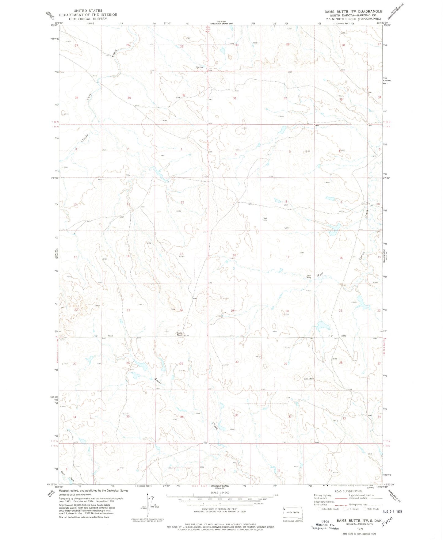 Classic USGS Bams Butte NW South Dakota 7.5'x7.5' Topo Map Image