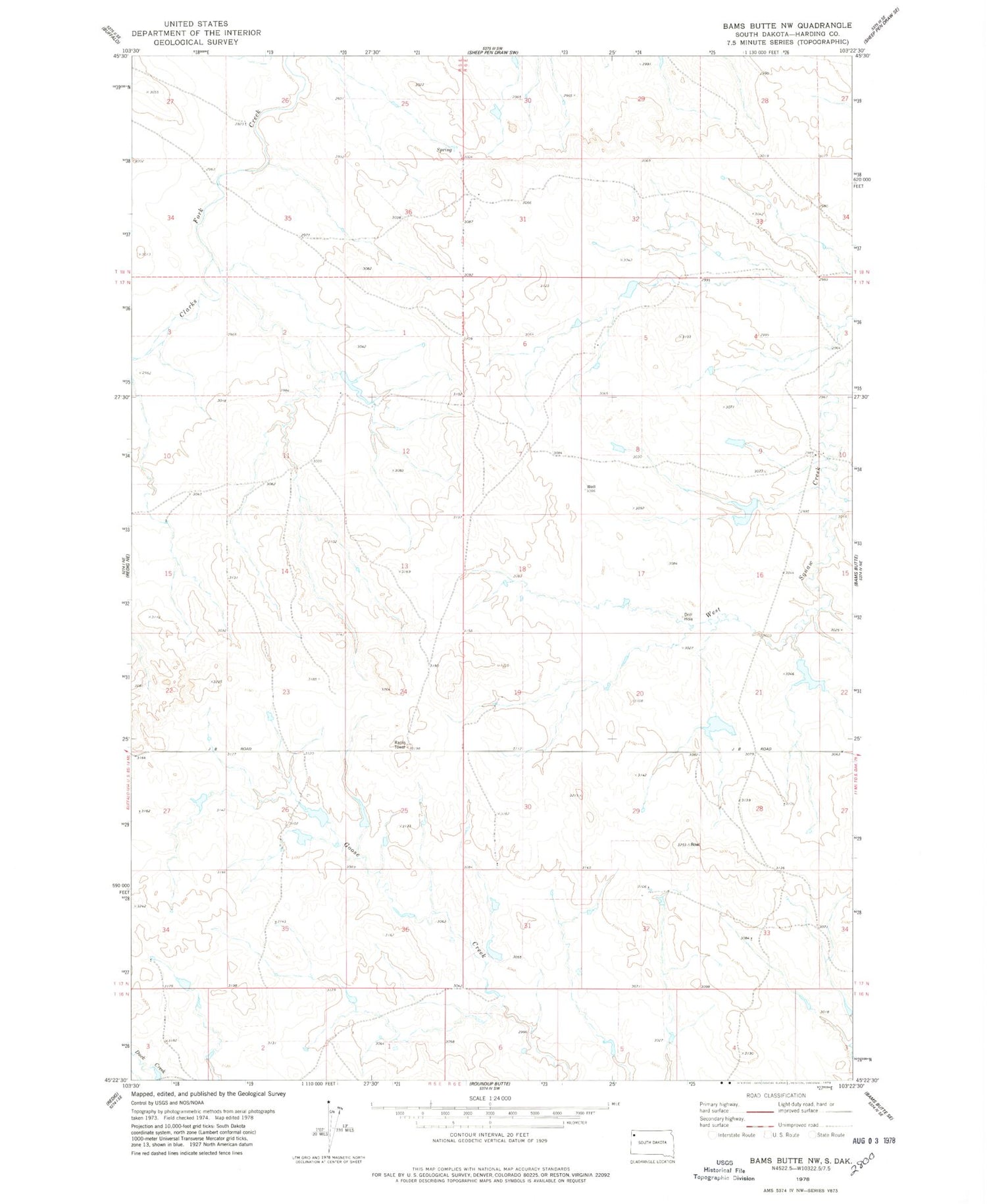 Classic USGS Bams Butte NW South Dakota 7.5'x7.5' Topo Map Image