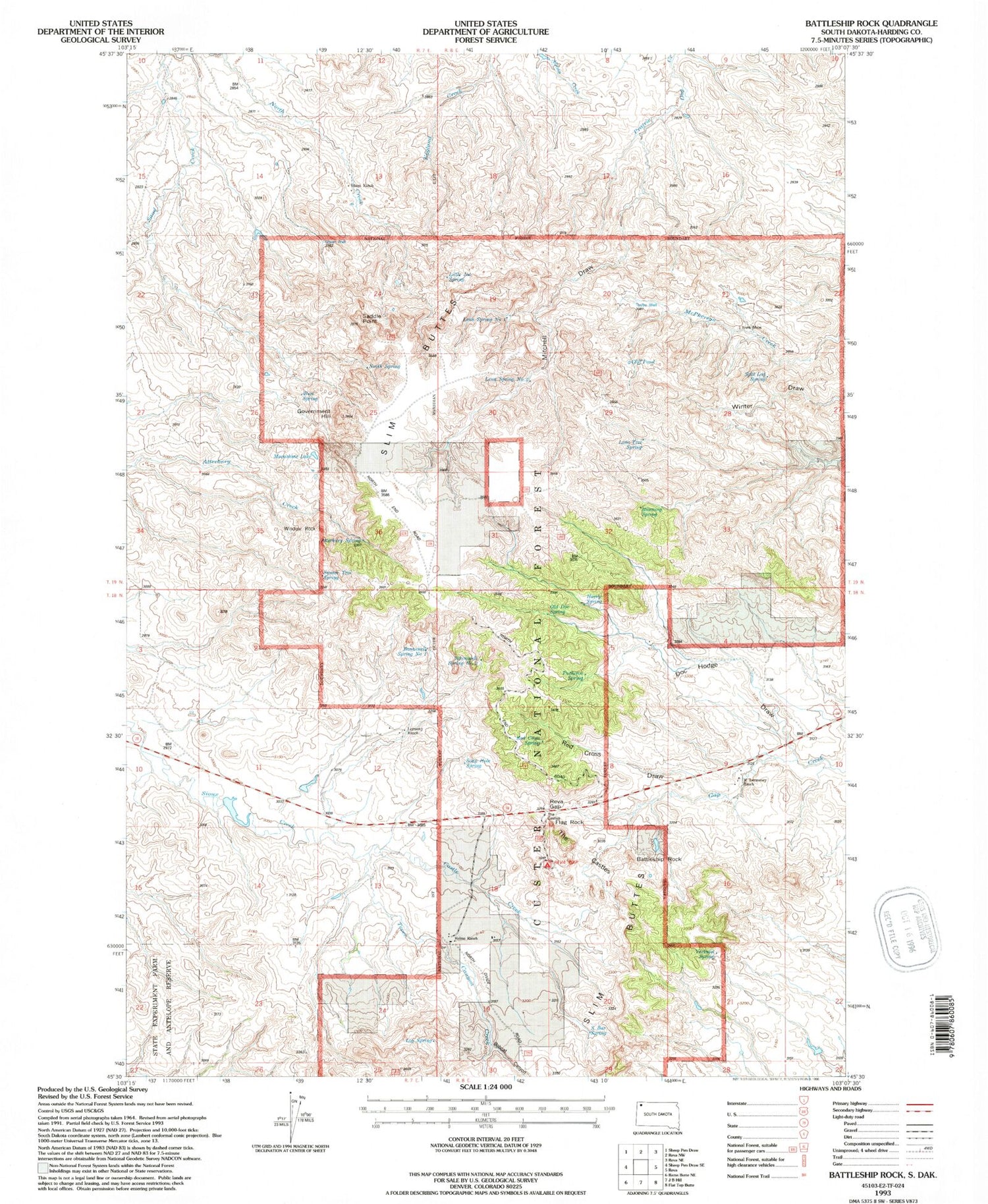 Classic USGS Battleship Rock South Dakota 7.5'x7.5' Topo Map Image