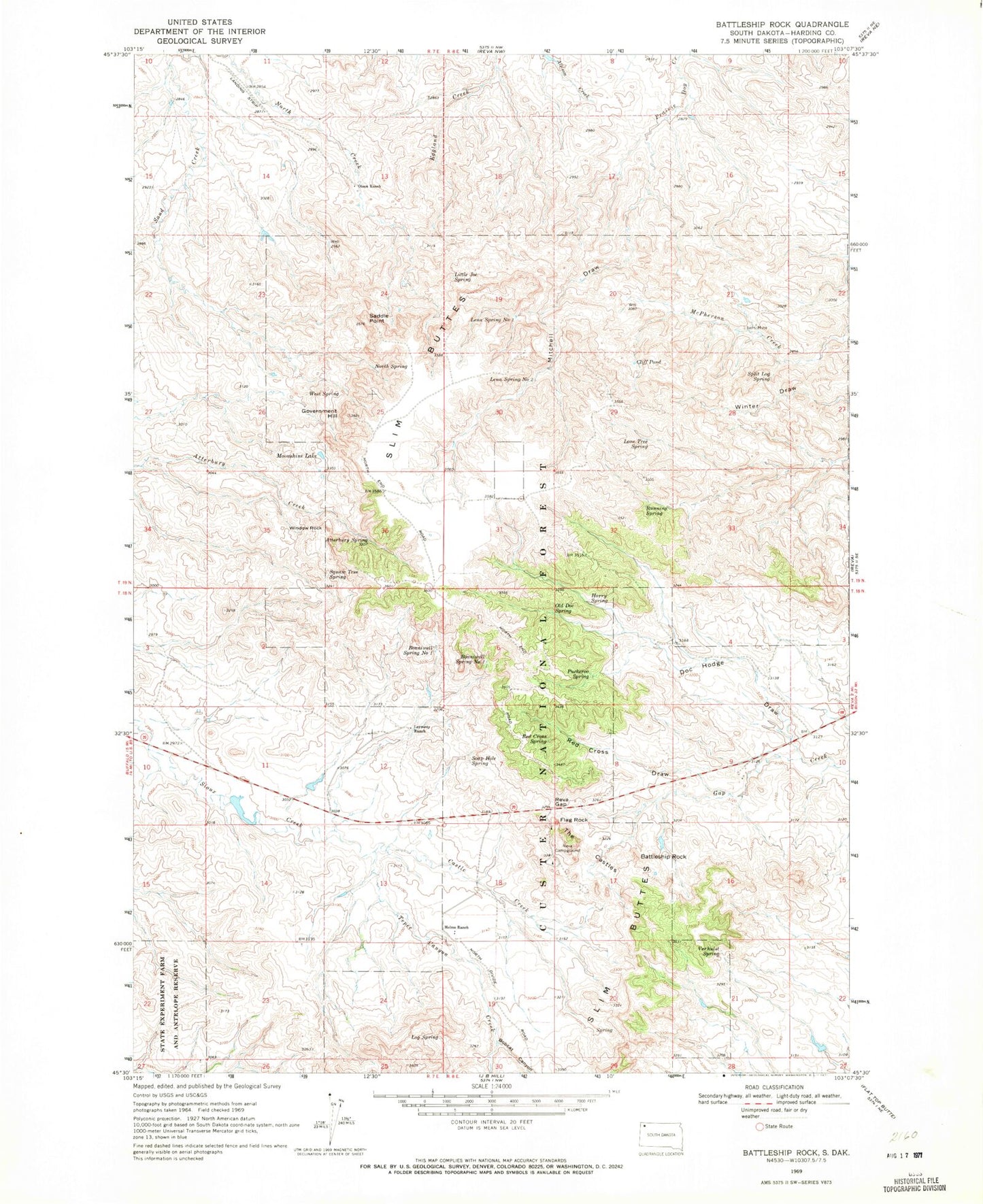 Classic USGS Battleship Rock South Dakota 7.5'x7.5' Topo Map Image