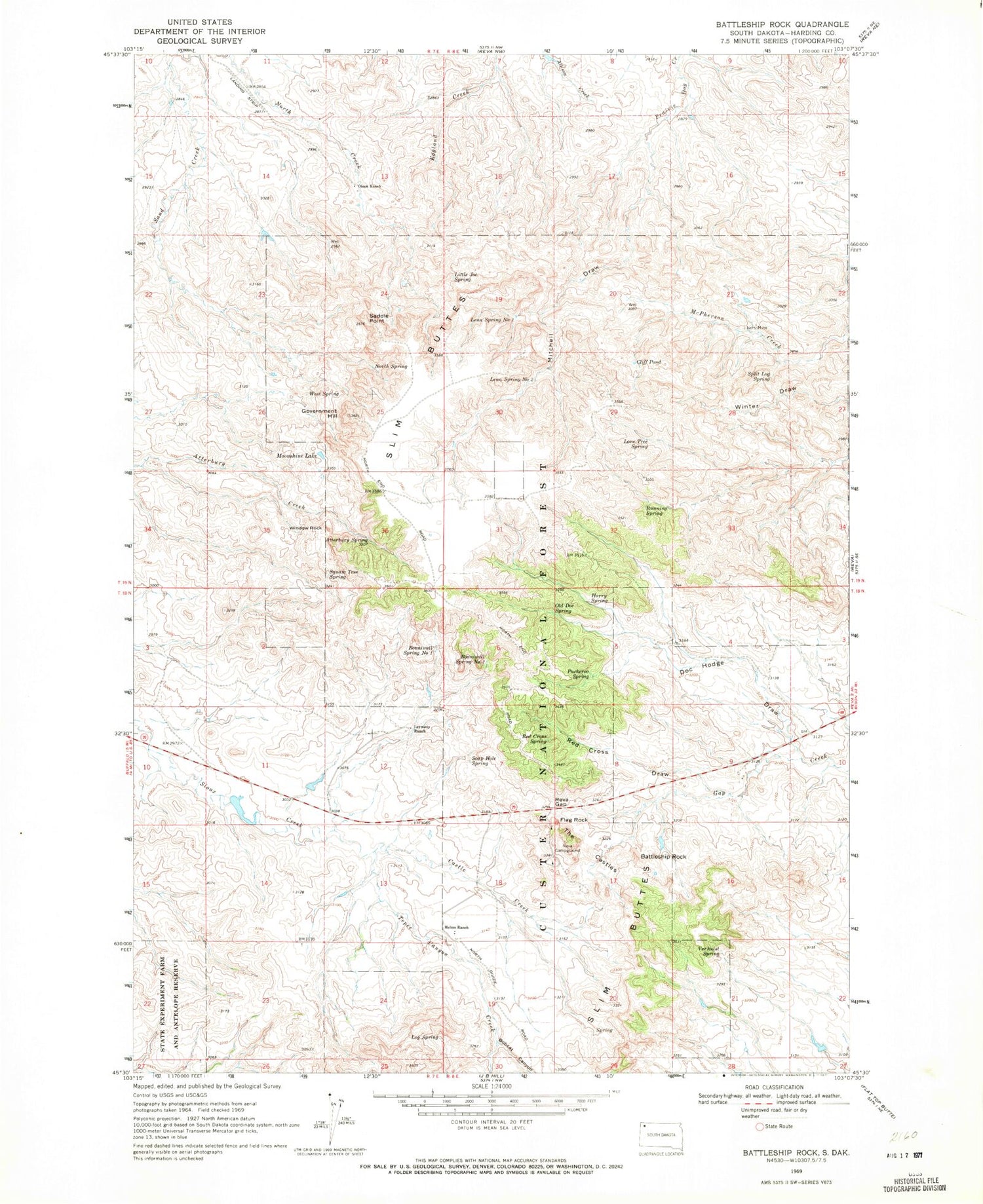 Classic USGS Battleship Rock South Dakota 7.5'x7.5' Topo Map Image