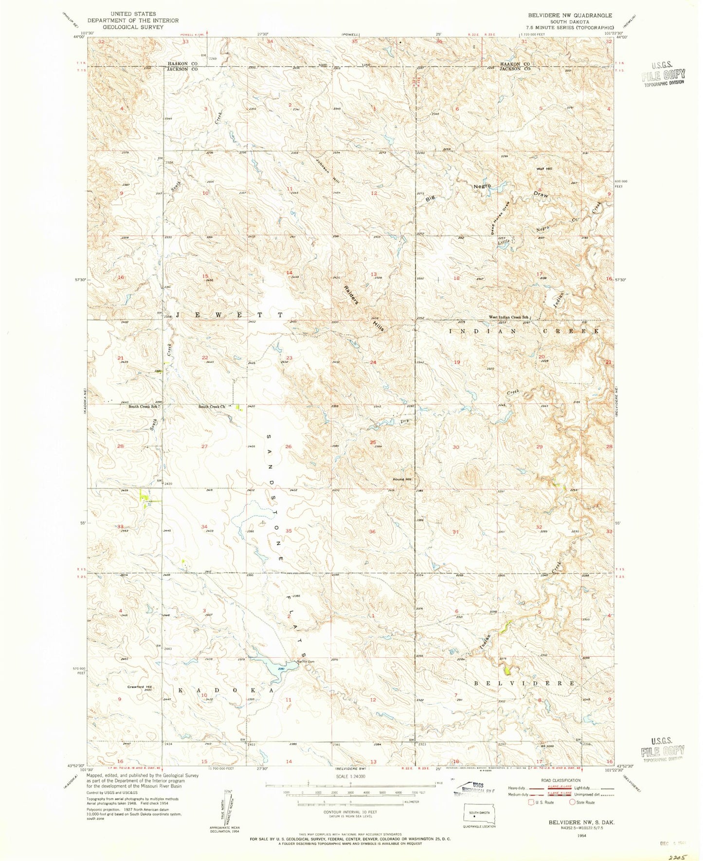 Classic USGS Belvidere NW South Dakota 7.5'x7.5' Topo Map Image