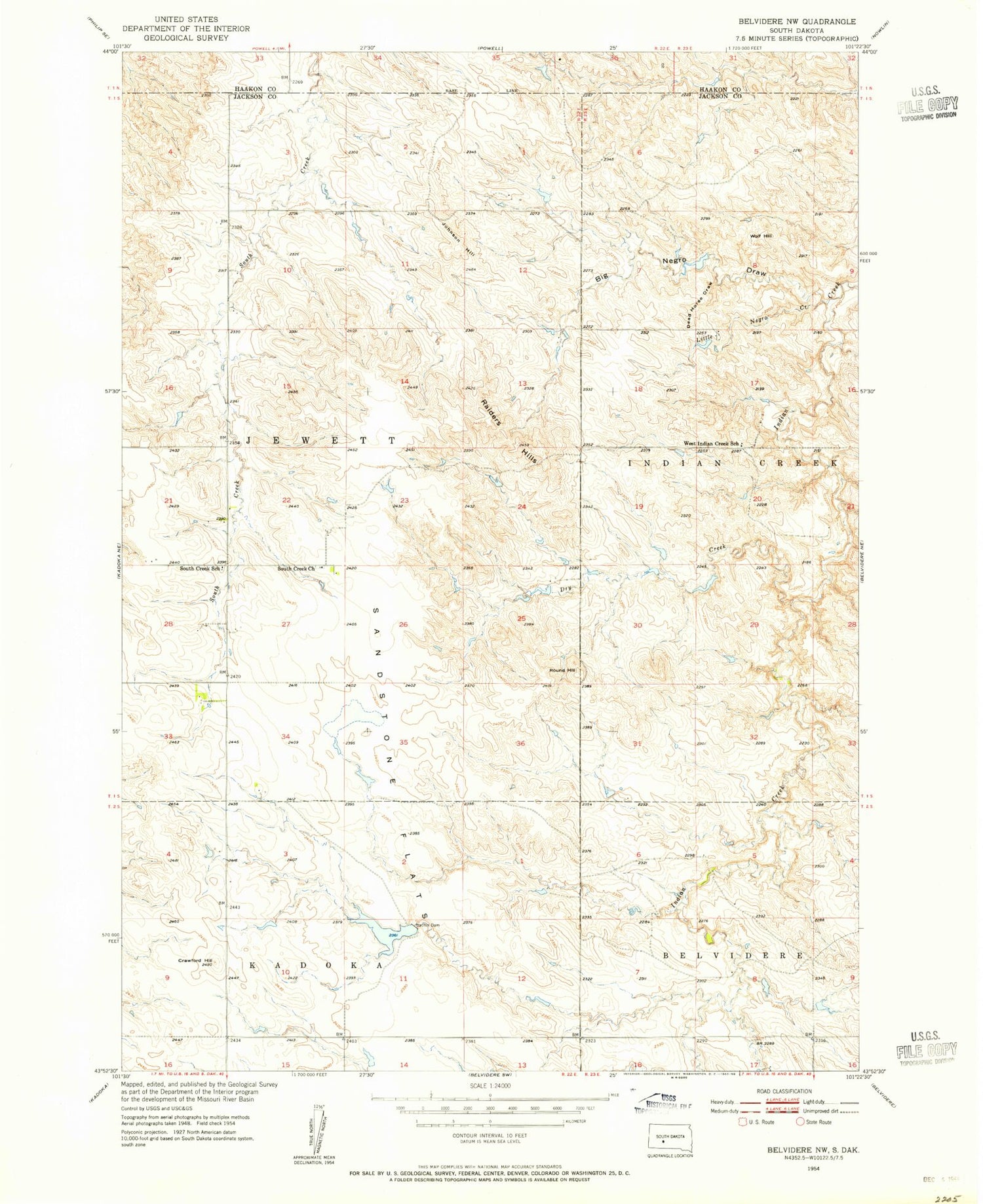 Classic USGS Belvidere NW South Dakota 7.5'x7.5' Topo Map Image
