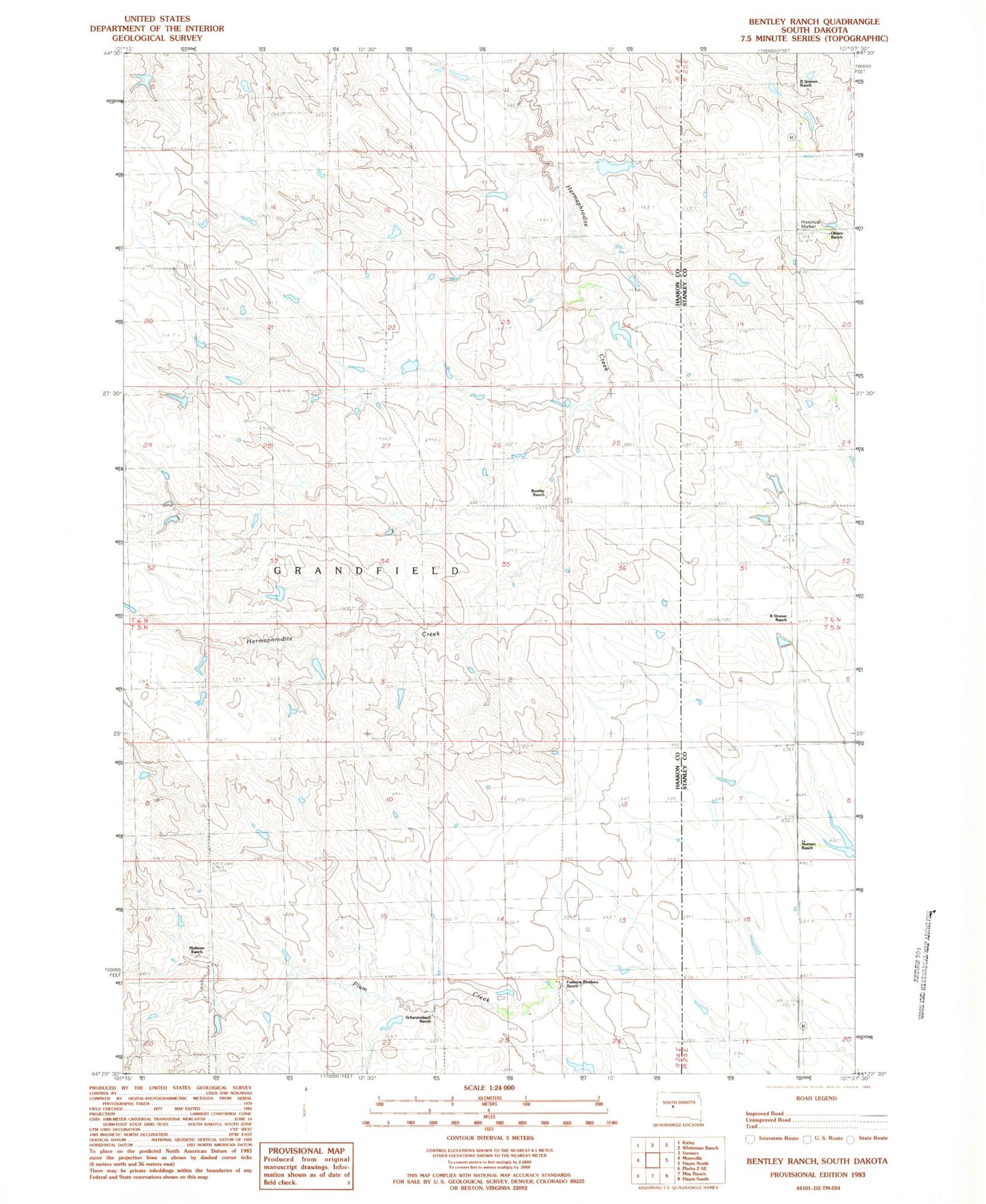 Classic USGS Bentley Ranch South Dakota 7.5'x7.5' Topo Map Image