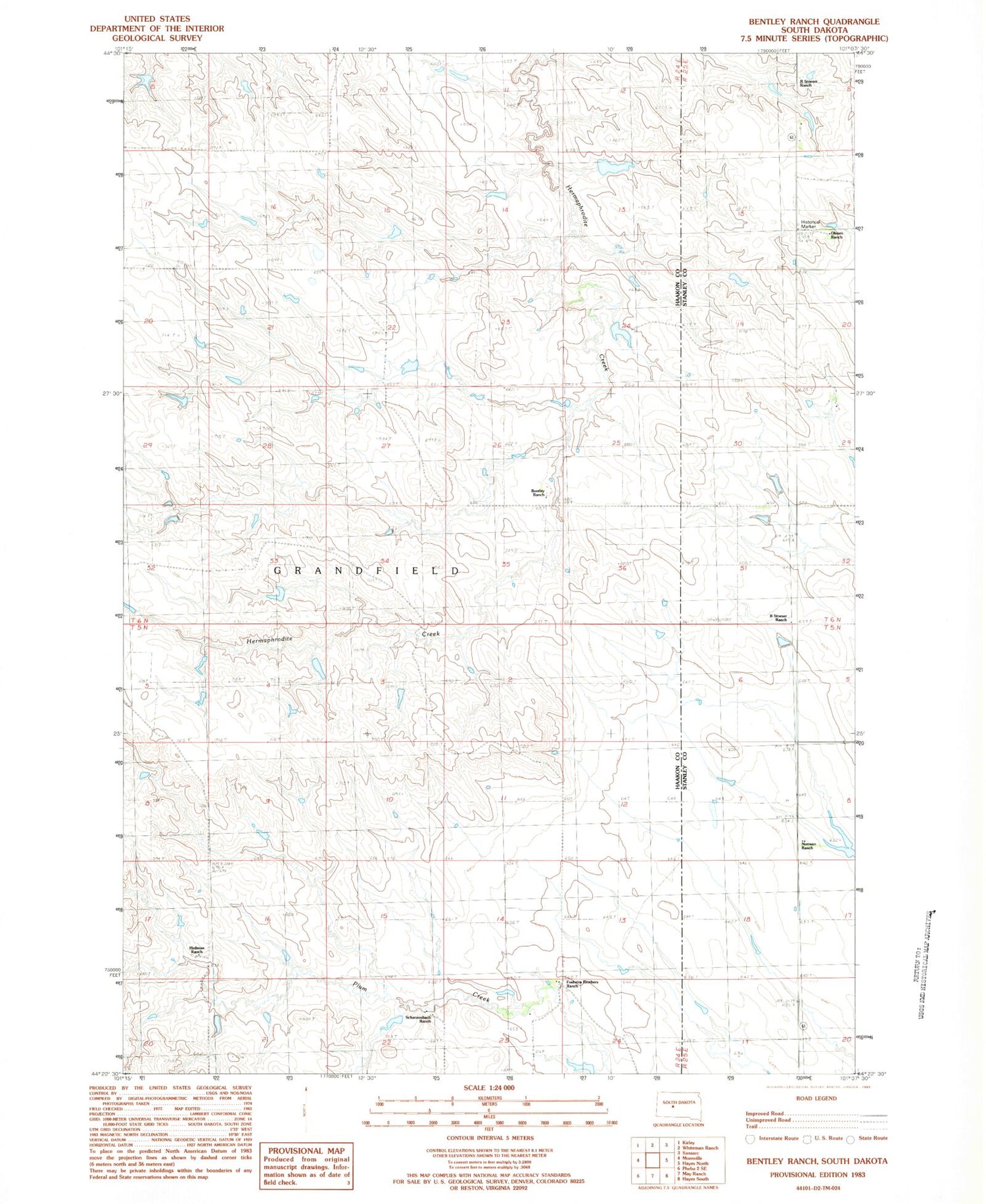 Classic USGS Bentley Ranch South Dakota 7.5'x7.5' Topo Map Image