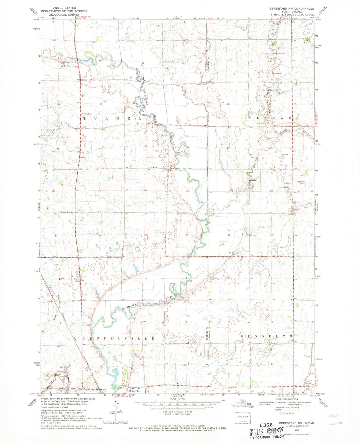 Classic USGS Beresford NW South Dakota 7.5'x7.5' Topo Map Image