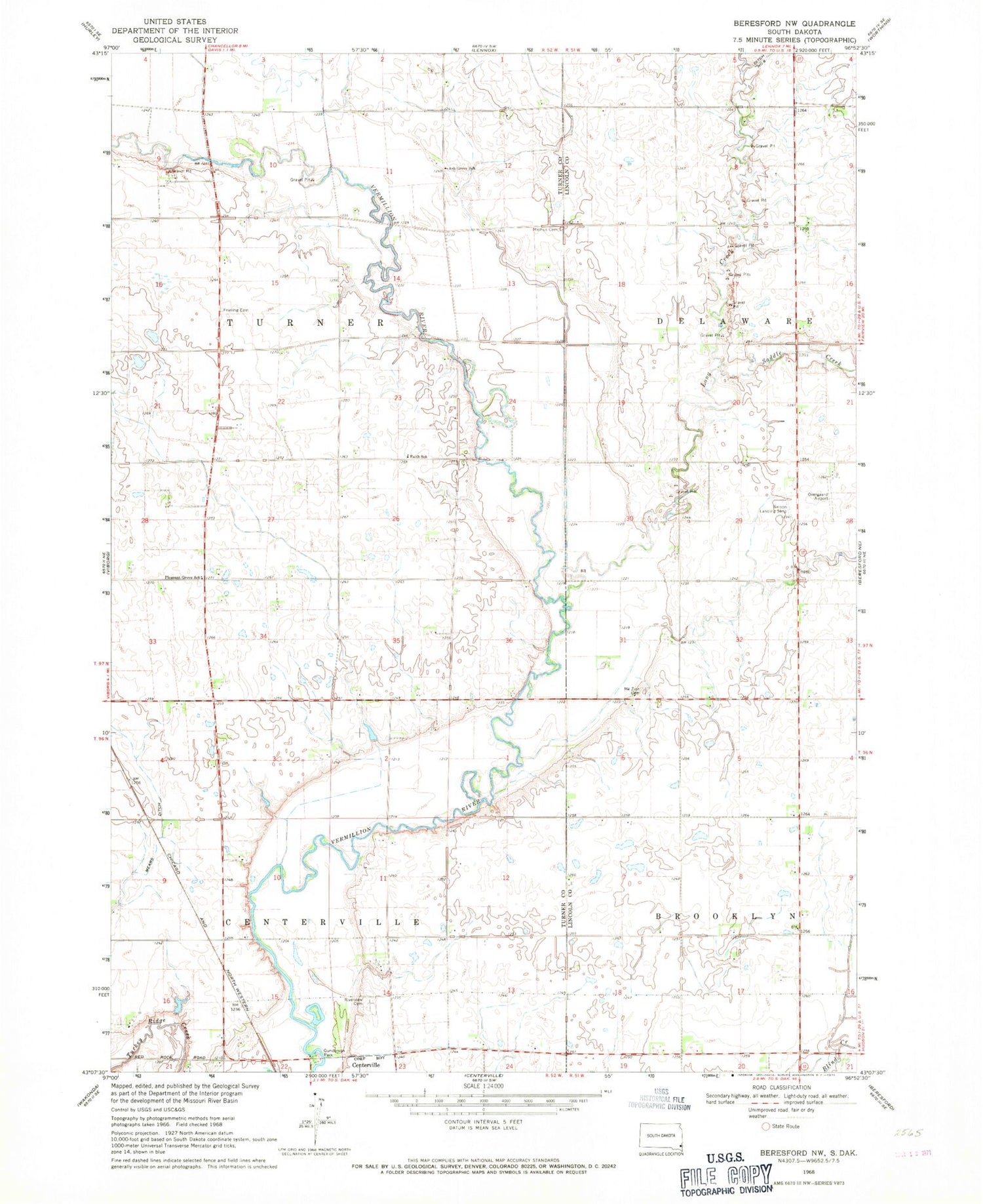 Classic USGS Beresford NW South Dakota 7.5'x7.5' Topo Map Image