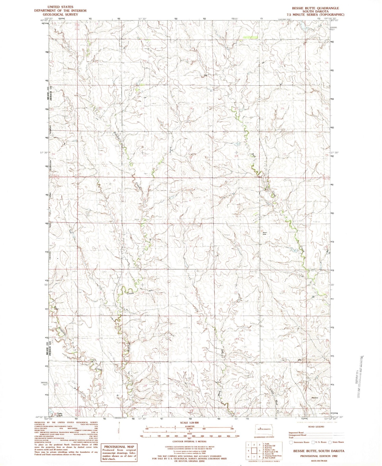 Classic USGS Bessie Butte South Dakota 7.5'x7.5' Topo Map Image