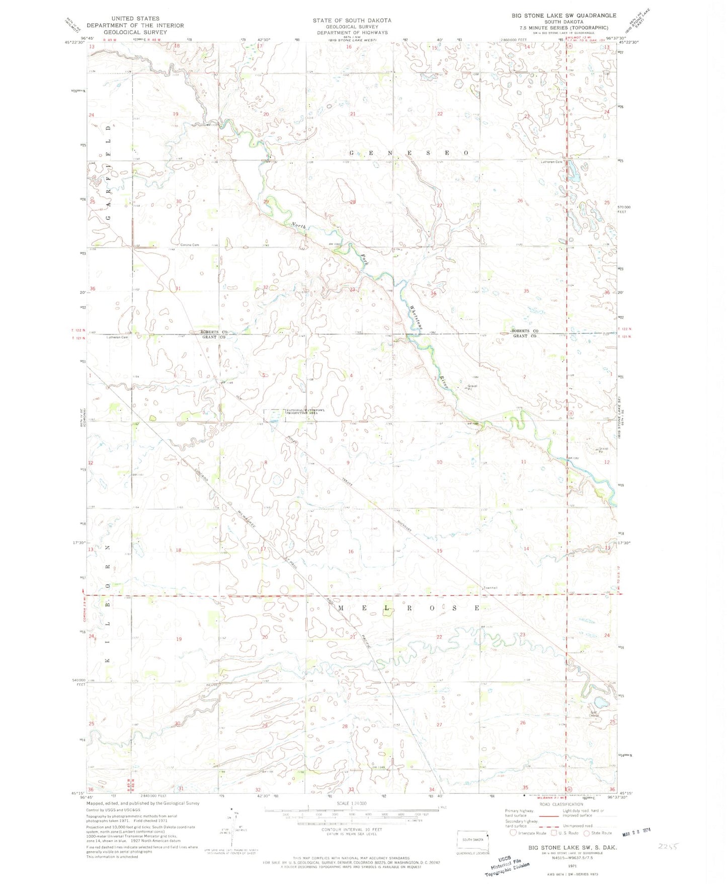 Classic USGS Big Stone Lake SW South Dakota 7.5'x7.5' Topo Map Image