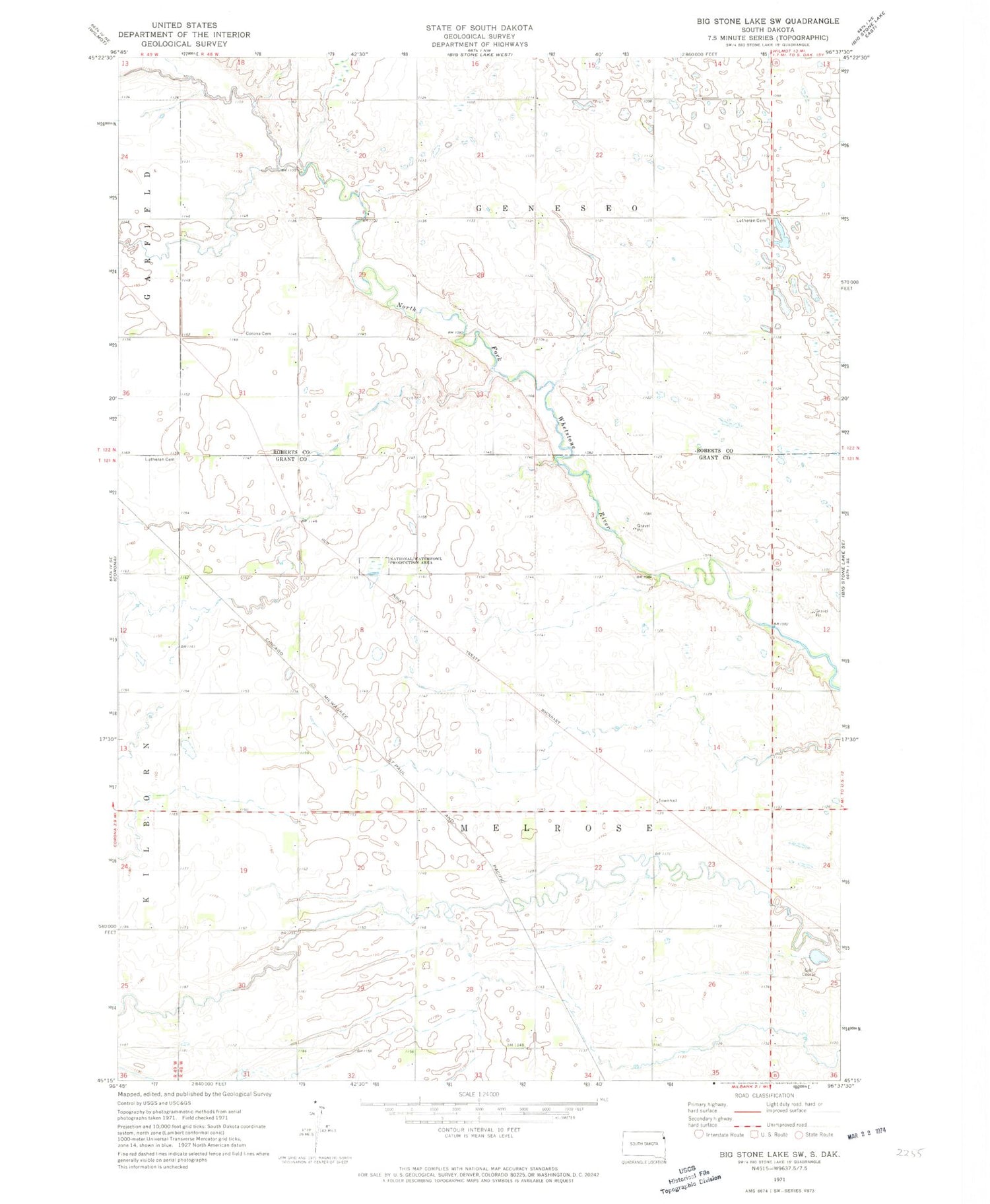Classic USGS Big Stone Lake SW South Dakota 7.5'x7.5' Topo Map Image