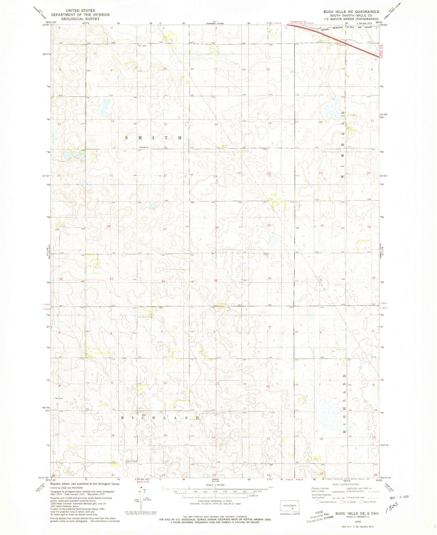 Classic USGS Bijou Hills NE South Dakota 7.5'x7.5' Topo Map Image