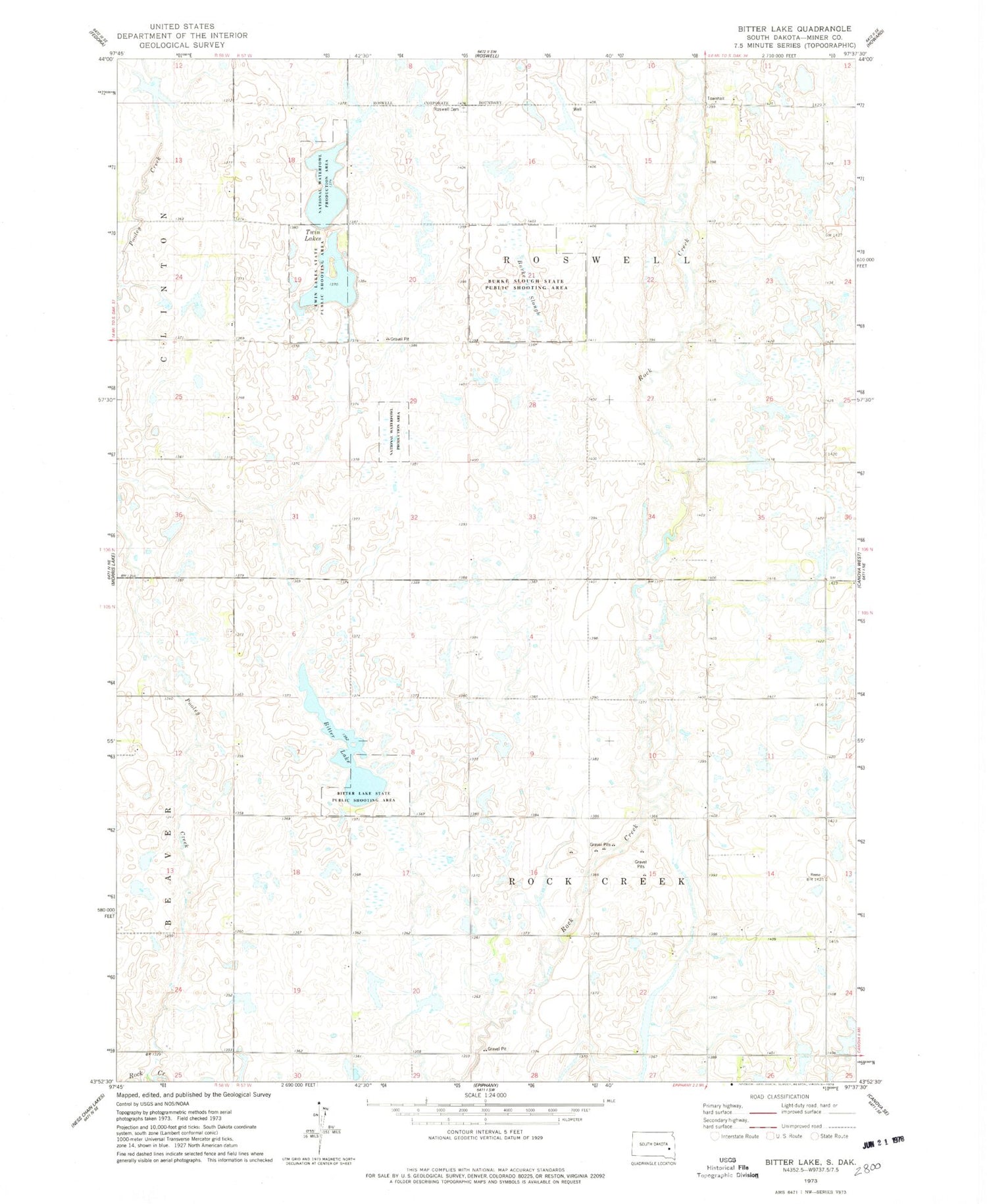Classic USGS Bitter Lake South Dakota 7.5'x7.5' Topo Map Image