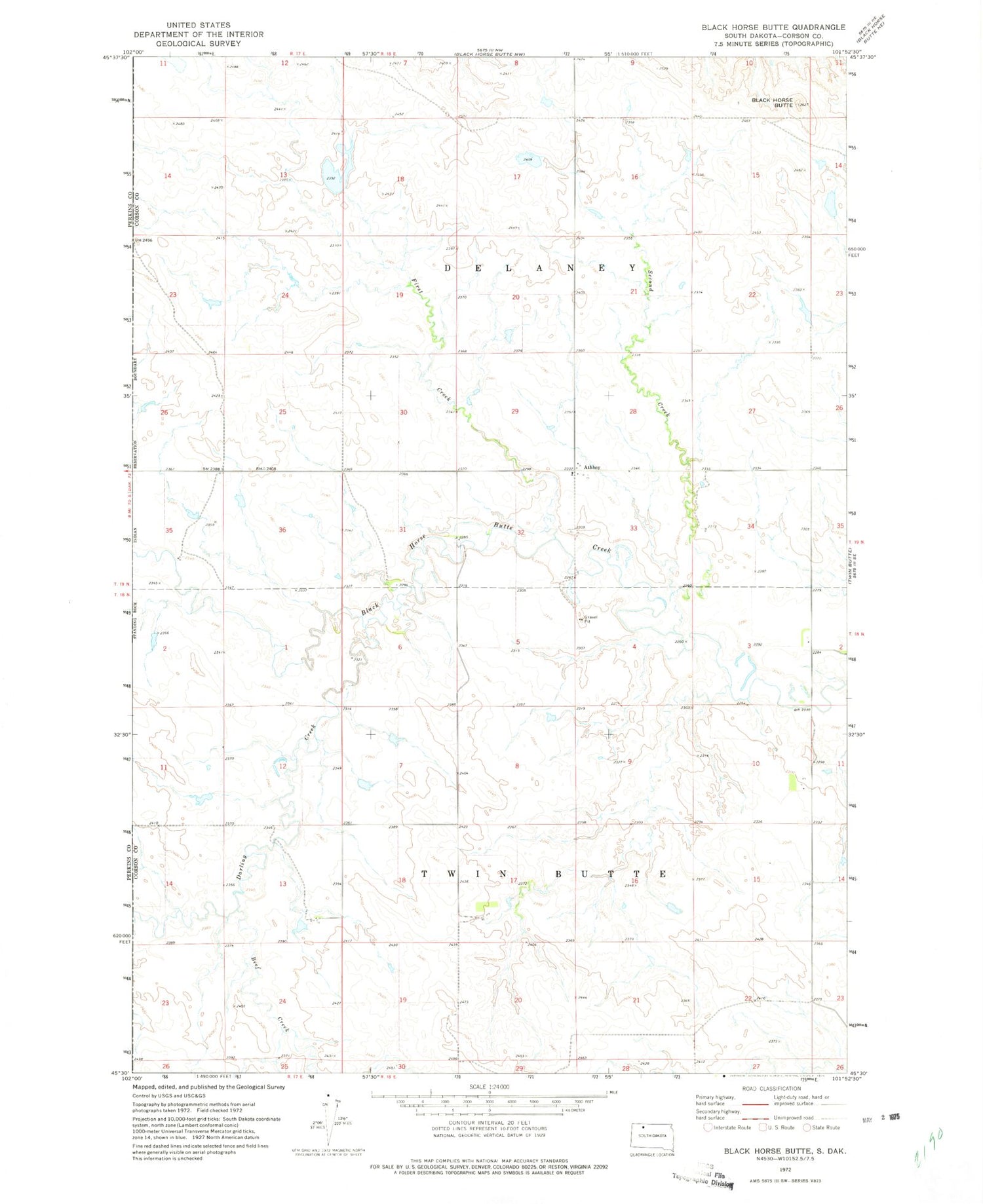 Classic USGS Black Horse Butte South Dakota 7.5'x7.5' Topo Map Image
