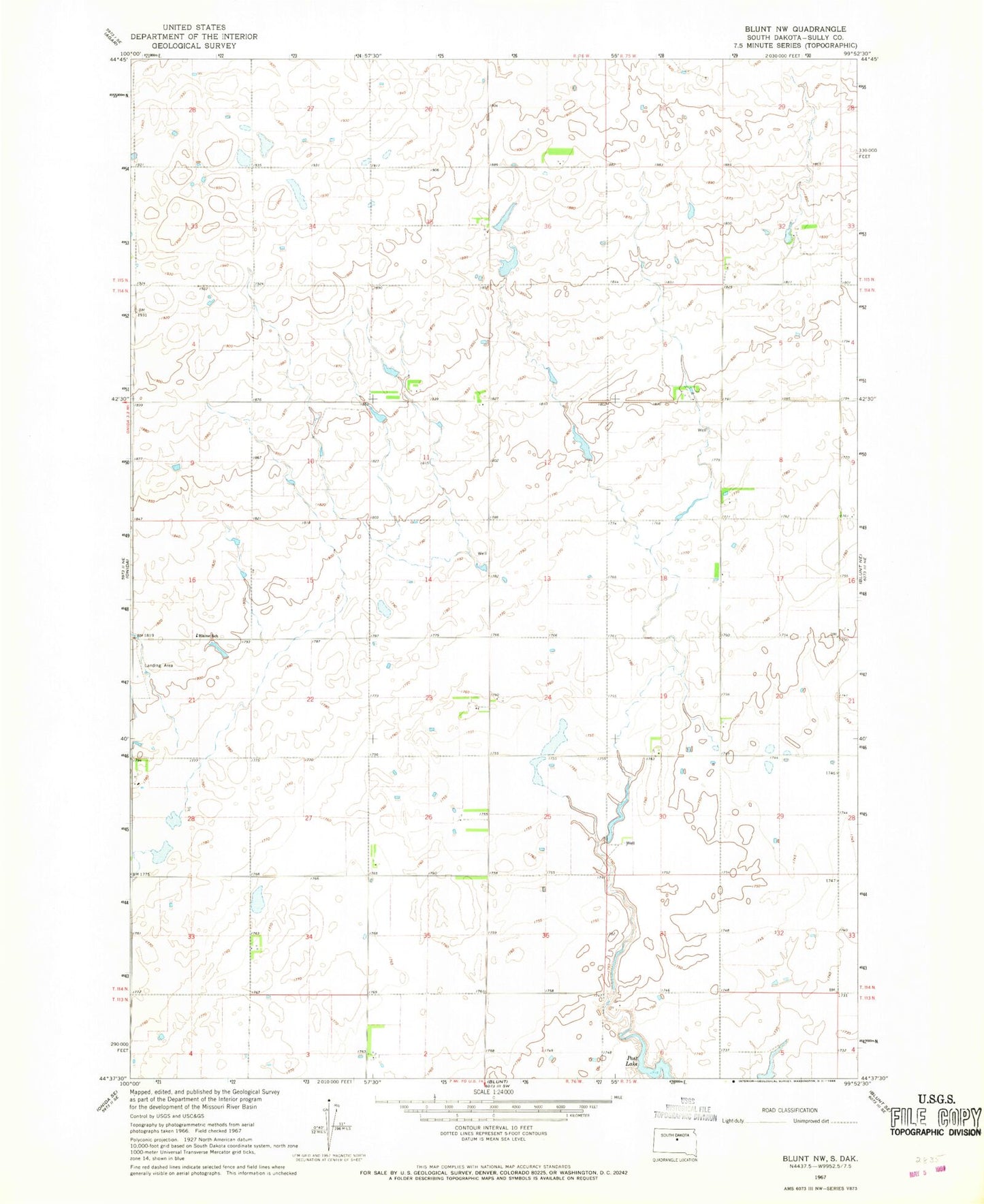 Classic USGS Blunt NW South Dakota 7.5'x7.5' Topo Map Image