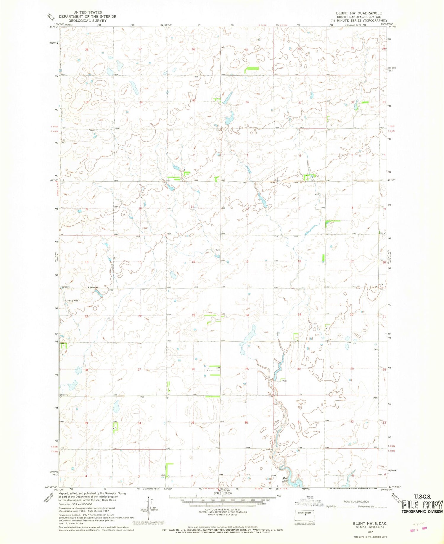 Classic USGS Blunt NW South Dakota 7.5'x7.5' Topo Map Image