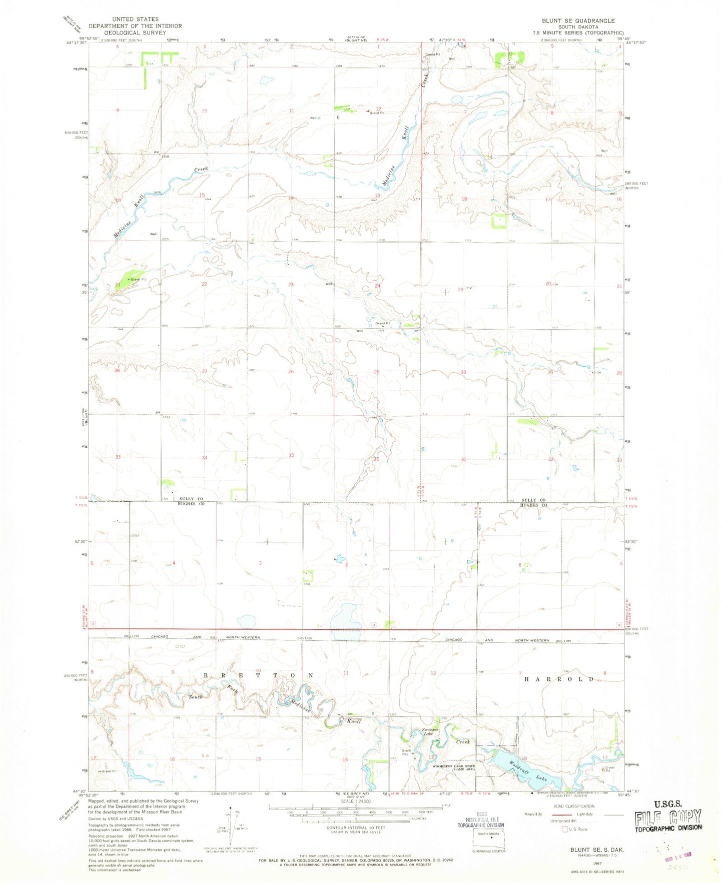 Classic USGS Blunt SE South Dakota 7.5'x7.5' Topo Map Image