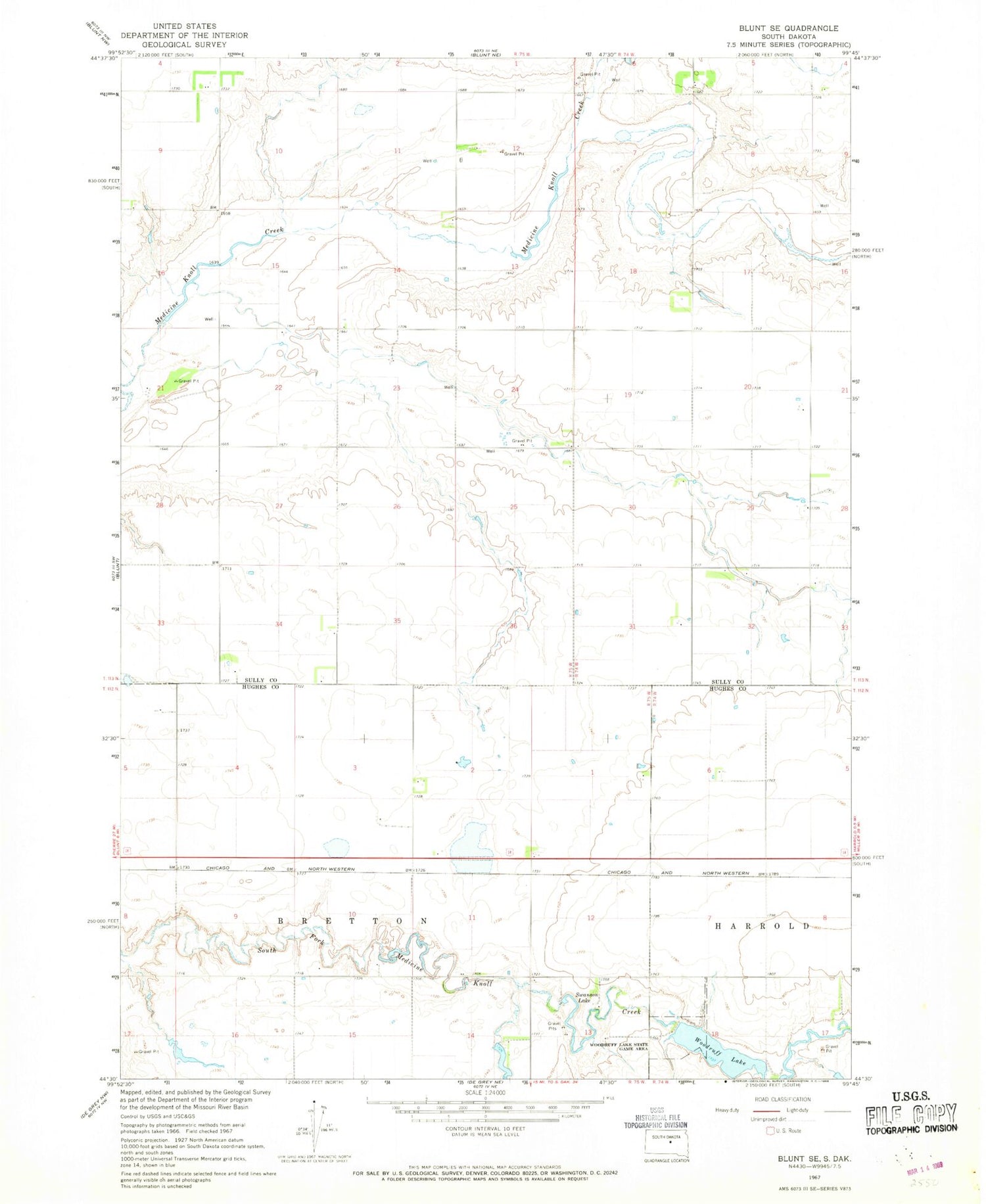 Classic USGS Blunt SE South Dakota 7.5'x7.5' Topo Map Image