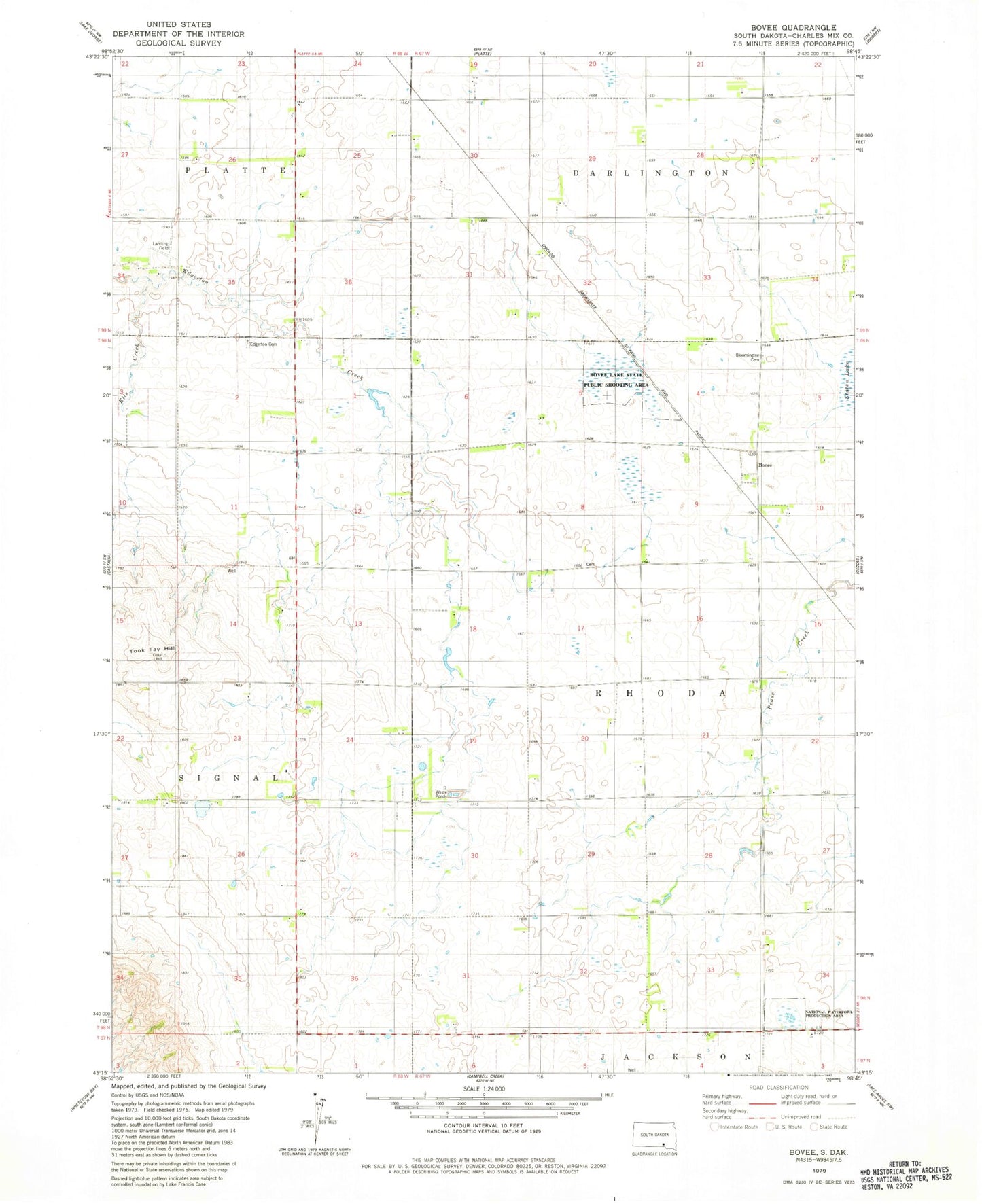 Classic USGS Bovee South Dakota 7.5'x7.5' Topo Map Image