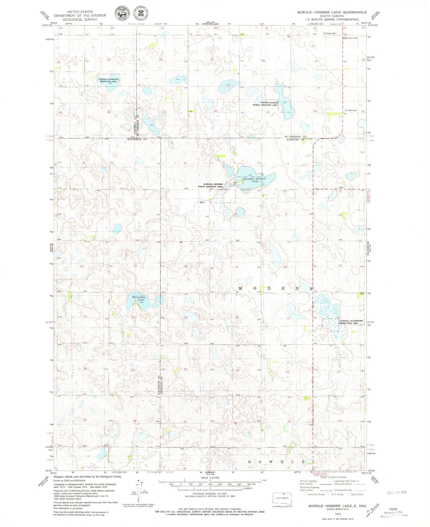 Classic USGS Bowdle-Hosmer Lake South Dakota 7.5'x7.5' Topo Map Image