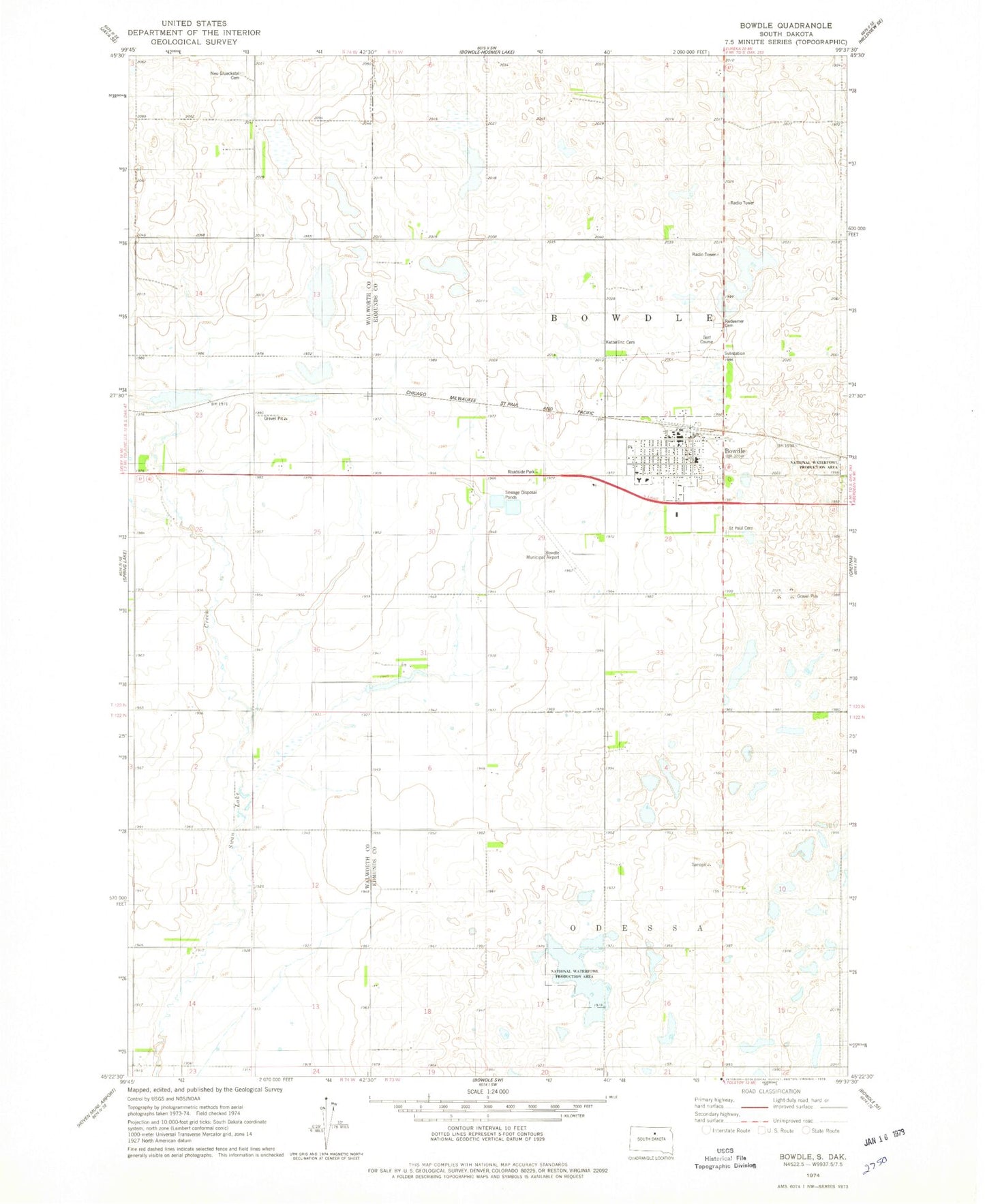 Classic USGS Bowdle South Dakota 7.5'x7.5' Topo Map Image