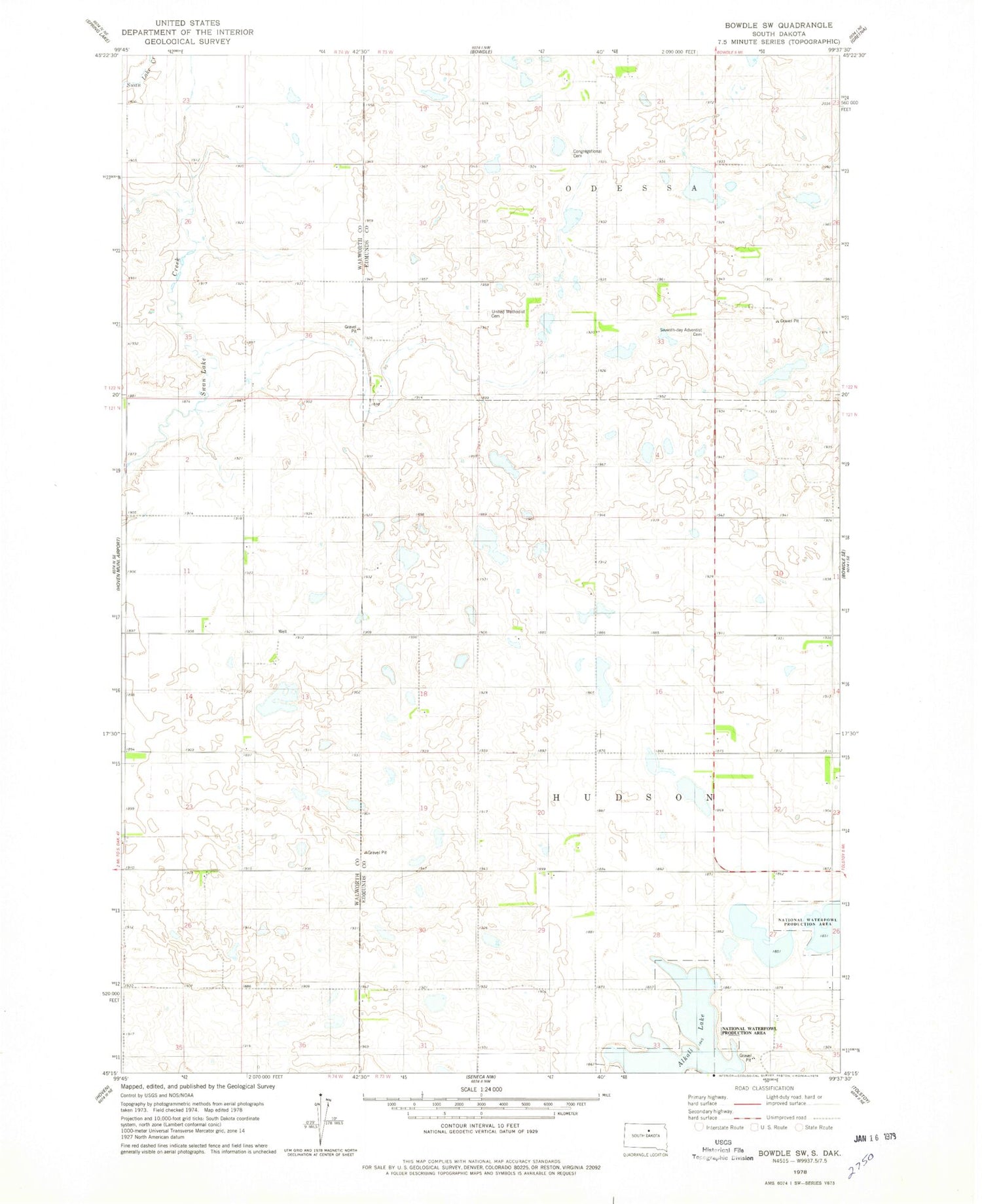Classic USGS Bowdle SW South Dakota 7.5'x7.5' Topo Map Image