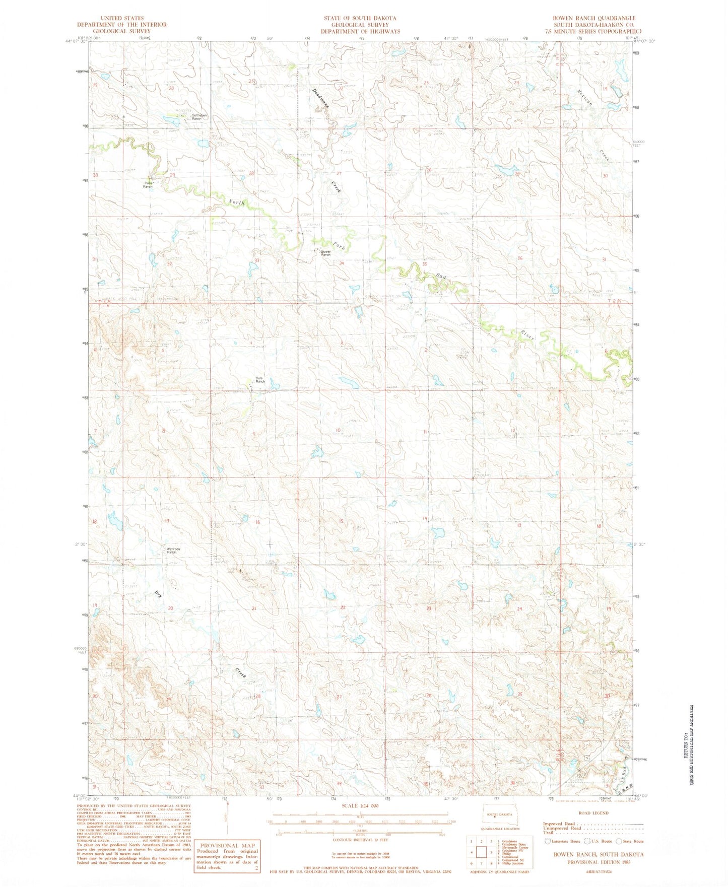 Classic USGS Bowen Ranch South Dakota 7.5'x7.5' Topo Map Image