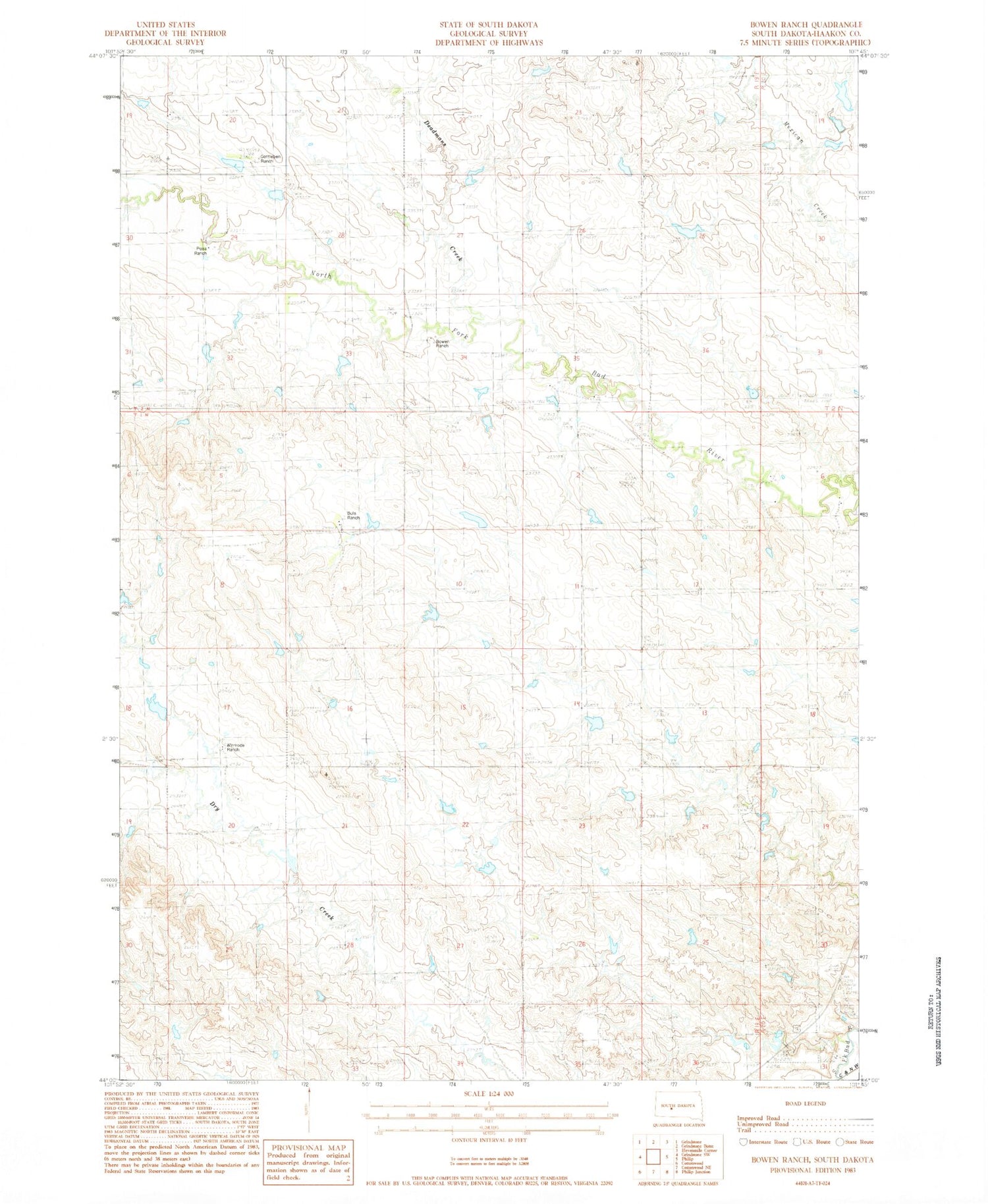 Classic USGS Bowen Ranch South Dakota 7.5'x7.5' Topo Map Image