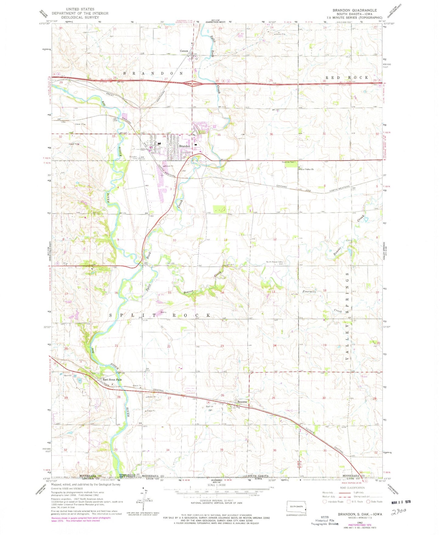 Classic USGS Brandon South Dakota 7.5'x7.5' Topo Map Image