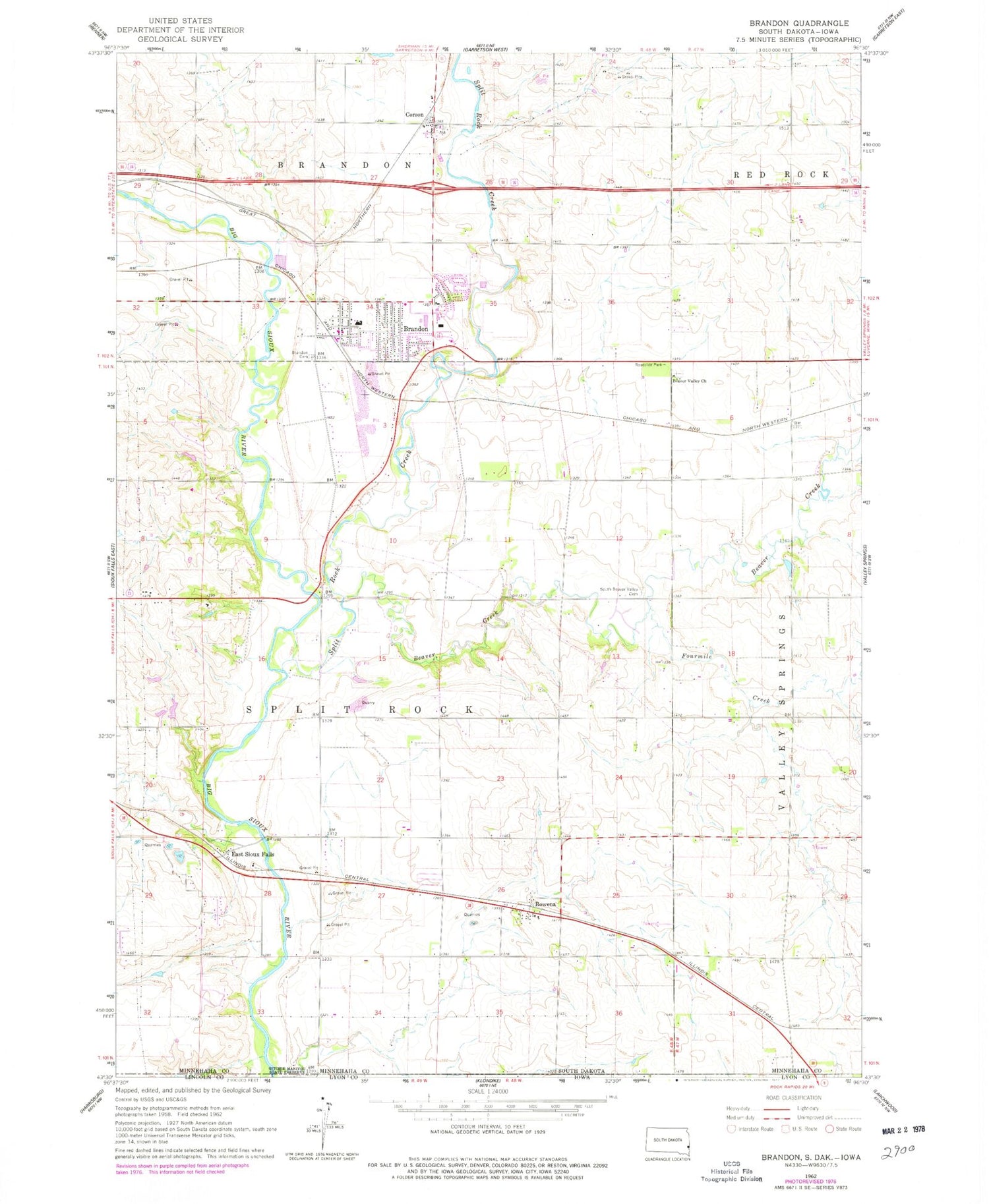 Classic USGS Brandon South Dakota 7.5'x7.5' Topo Map Image