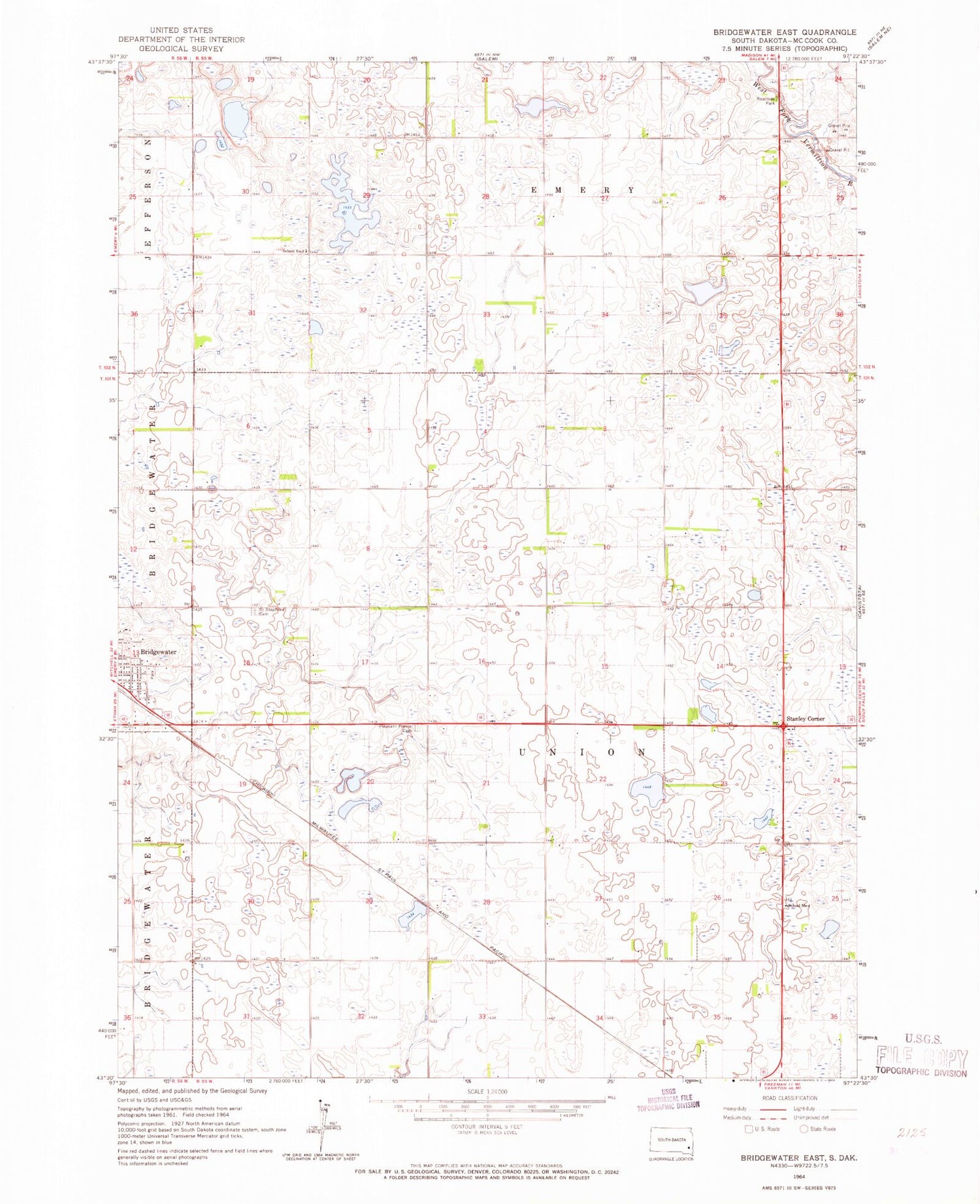 Classic USGS Bridgewater East South Dakota 7.5'x7.5' Topo Map Image