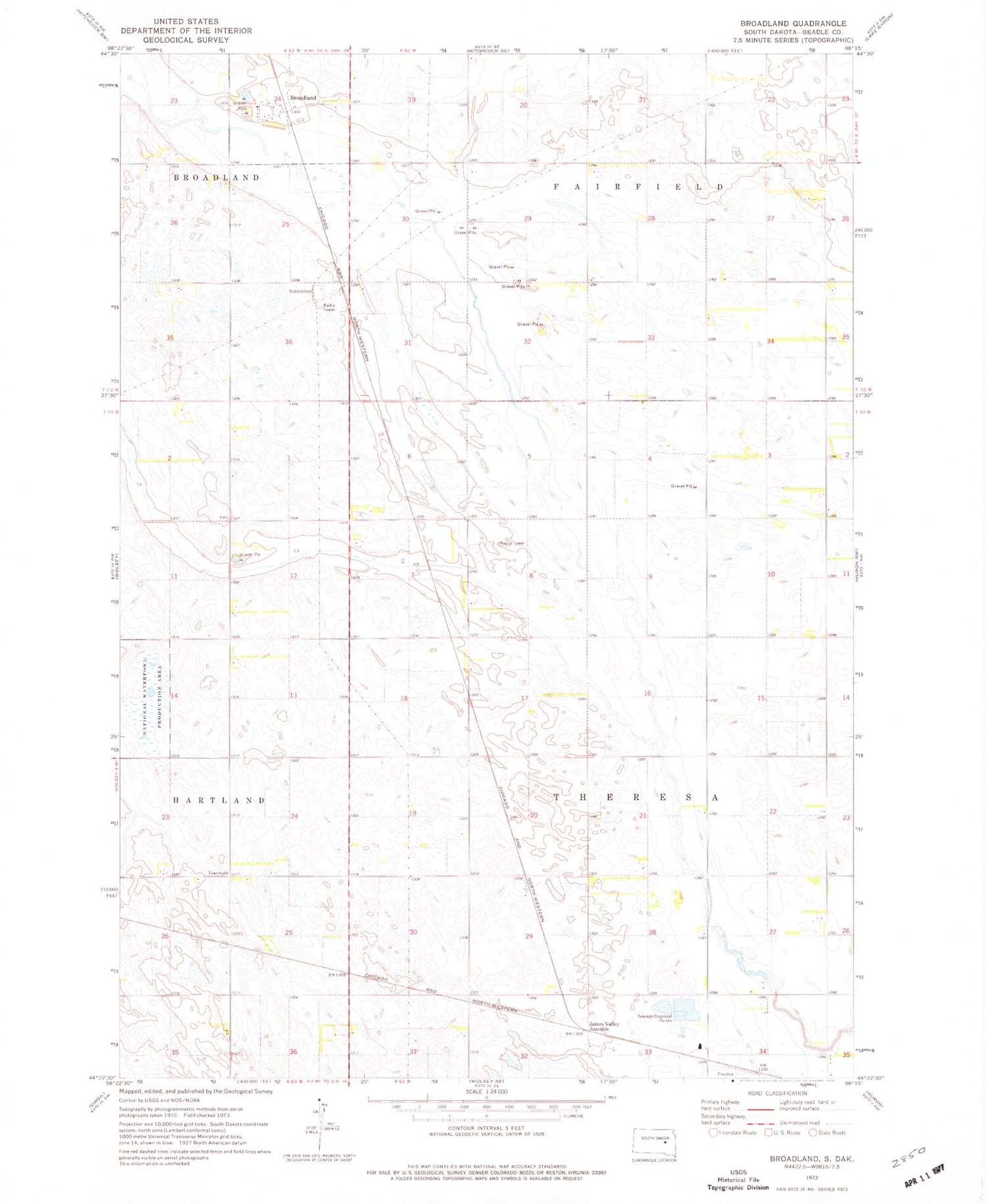 Classic USGS Broadland South Dakota 7.5'x7.5' Topo Map Image