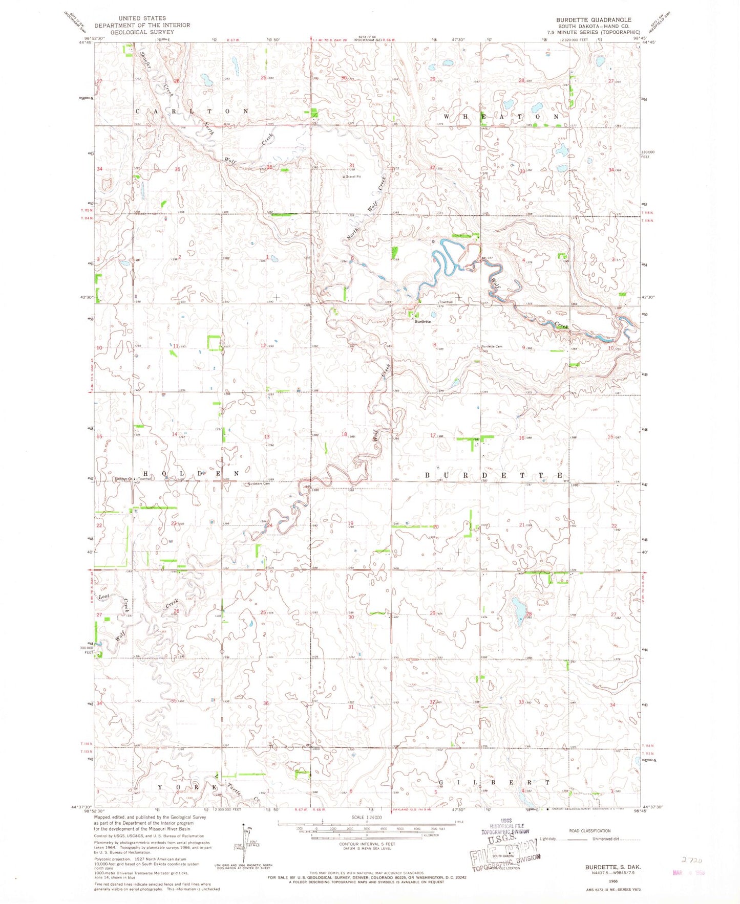 Classic USGS Burdette South Dakota 7.5'x7.5' Topo Map Image