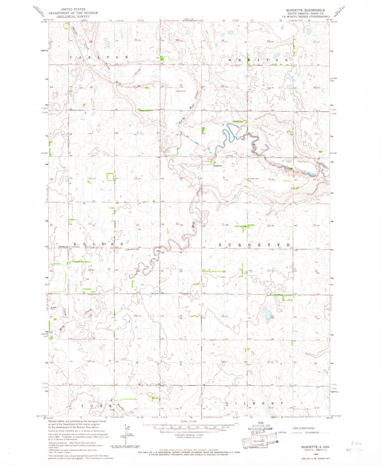 Classic USGS Burdette South Dakota 7.5'x7.5' Topo Map Image