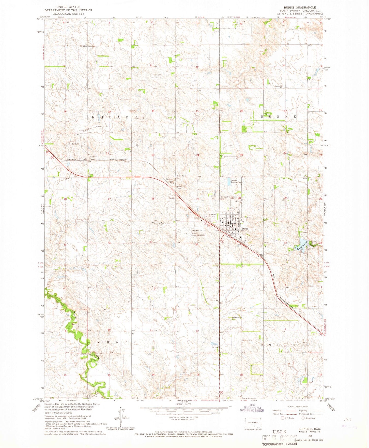 Classic USGS Burke South Dakota 7.5'x7.5' Topo Map Image
