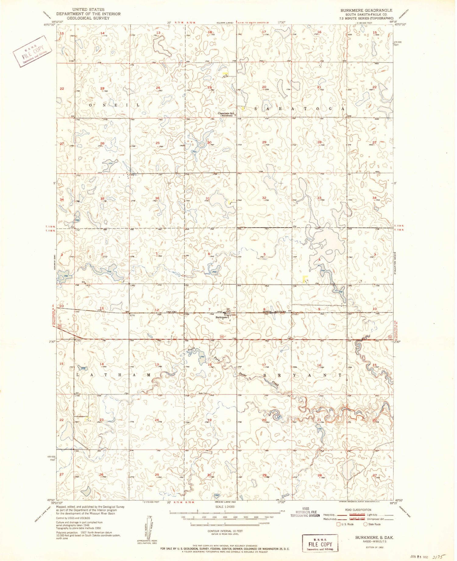 Classic USGS Burkmere South Dakota 7.5'x7.5' Topo Map Image
